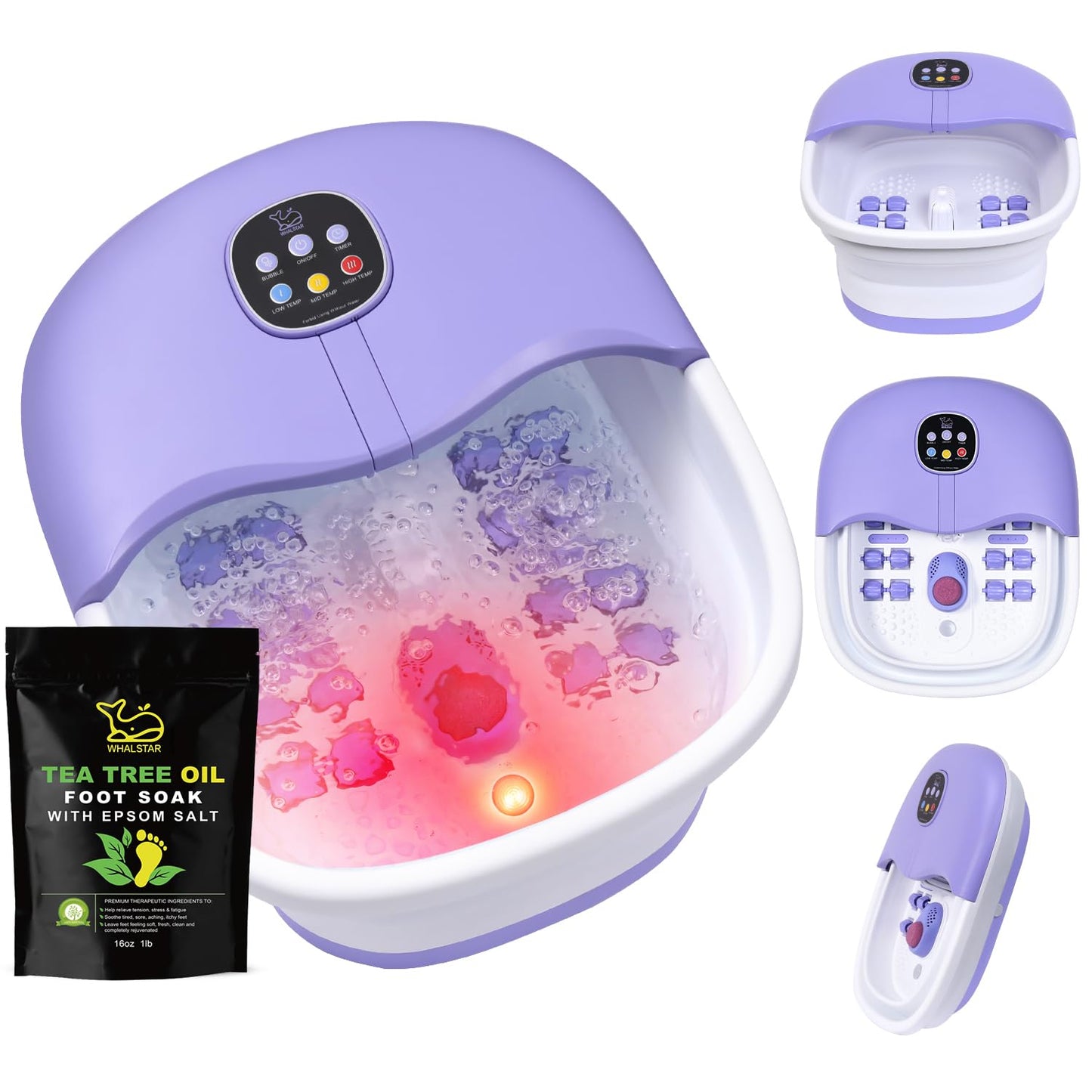 WHALSTAR Collapsible Foot Spa Bath Massager with Heat Bubbles and Vibration Massage and Jets, 16oz Tea Tree Oil Foot Soak with Epsom Salt, Foot Bath Basin with Red Light & Remote - Purple