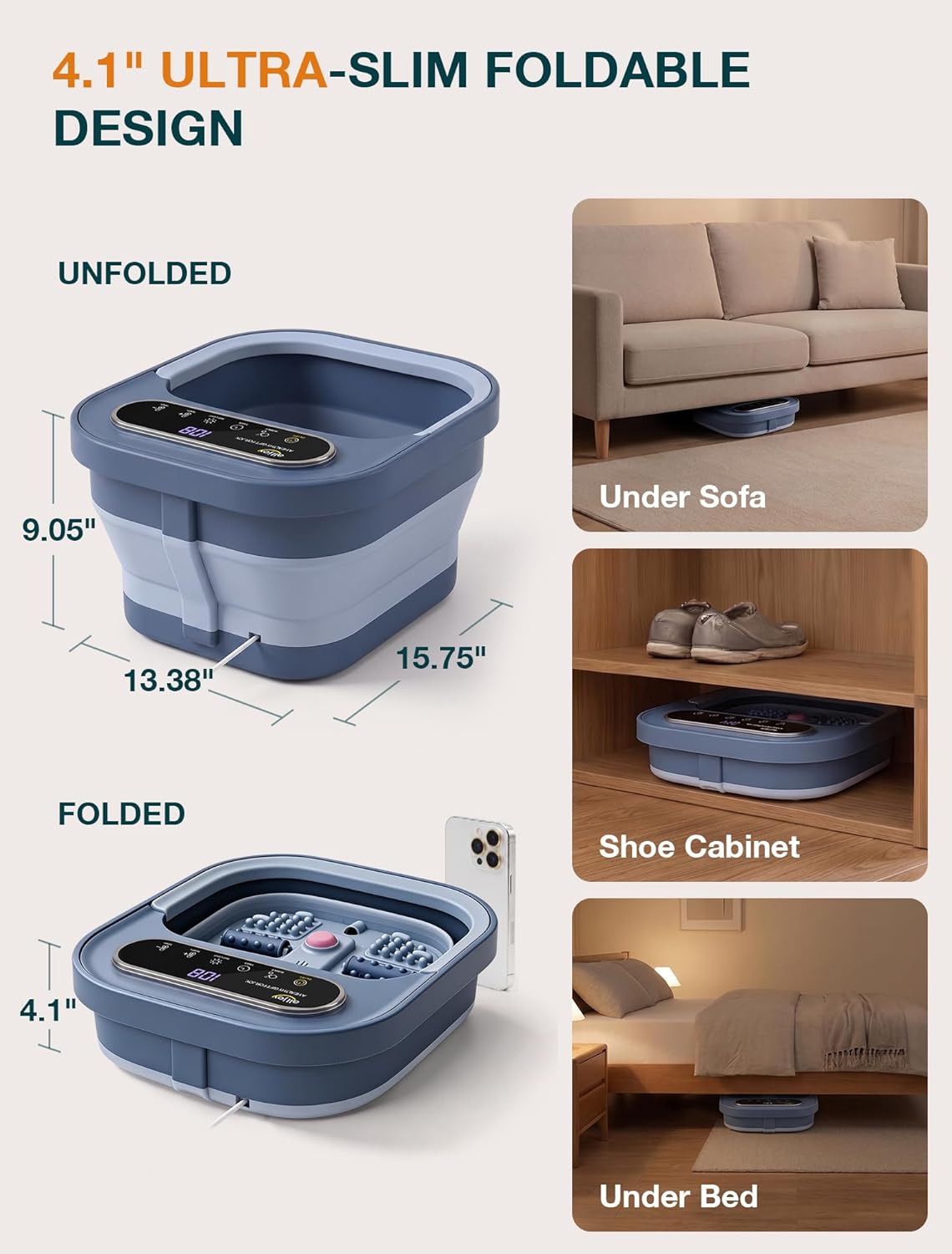 Collapsible Foot Spa with Heat - Pedicure Bath with Bubbles & 6 Rollers | Stress Relief Soaking Tub for Relaxation