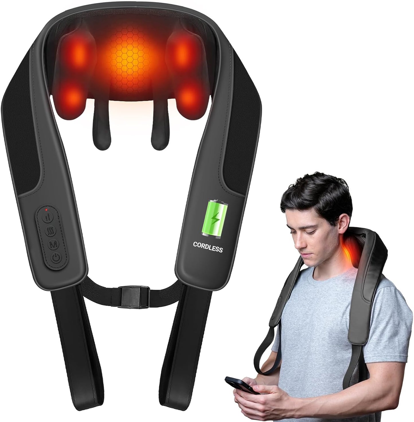 CooCoCo Cordless Neck Massager with Heat - Wearable Shiatsu for Pain Relief | Rechargeable, Hands-Free Design
