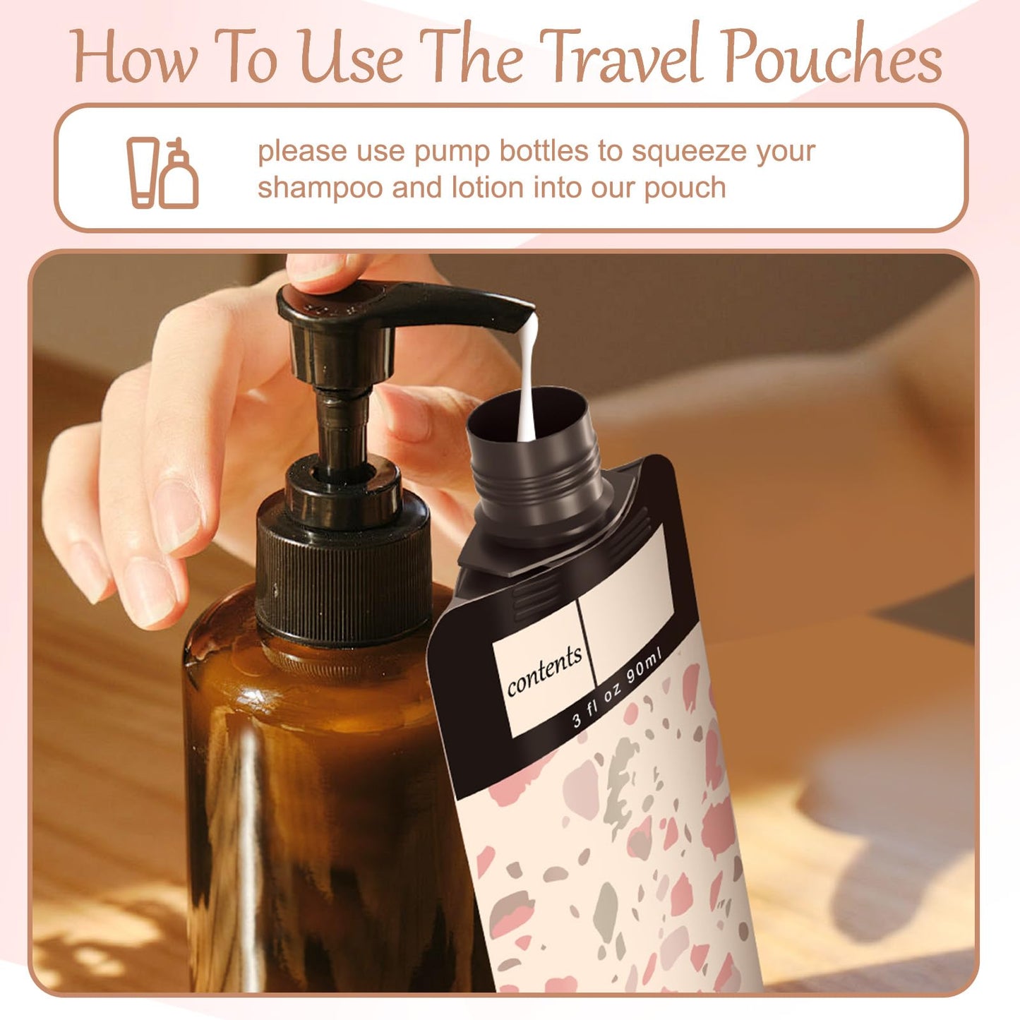 ANNGO 18 Pack Travel Pouches for Toiletries, TSA Approved Travel Pouches for Liquids,Travel Shampoo and Conditioner Pouches,Leak Proof 3oz Travel Squeeze Pouches(Pink)