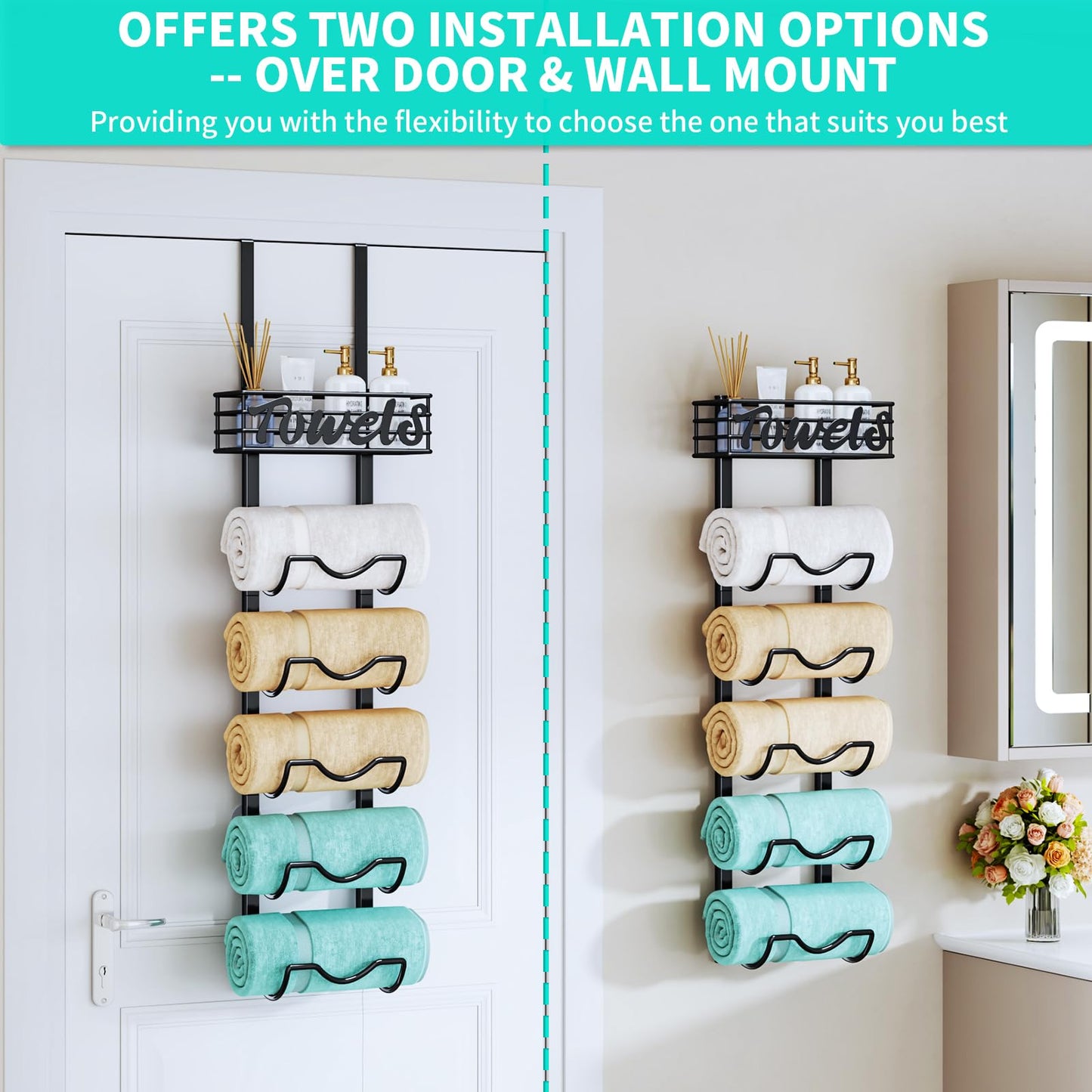 HapiRm Over The Door Towel Rack - 6 Tier Wall Mount Rolled Towel Holder Storage Organizer Shelf with Storage Basket for Small Bathroom, Rv, Camper - Black