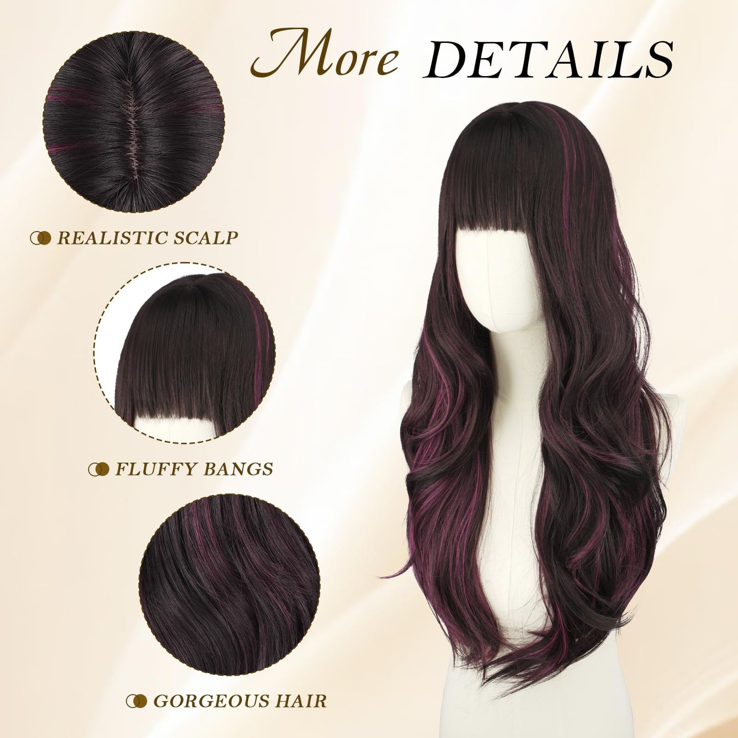 Haloo Brown Wigs with Bangs - Long Layered Natural Looking Synthetic Heat Resistant Wavy Hair Wigs for Women Daily Party, 26 Inch Black Brown Mixed Pink