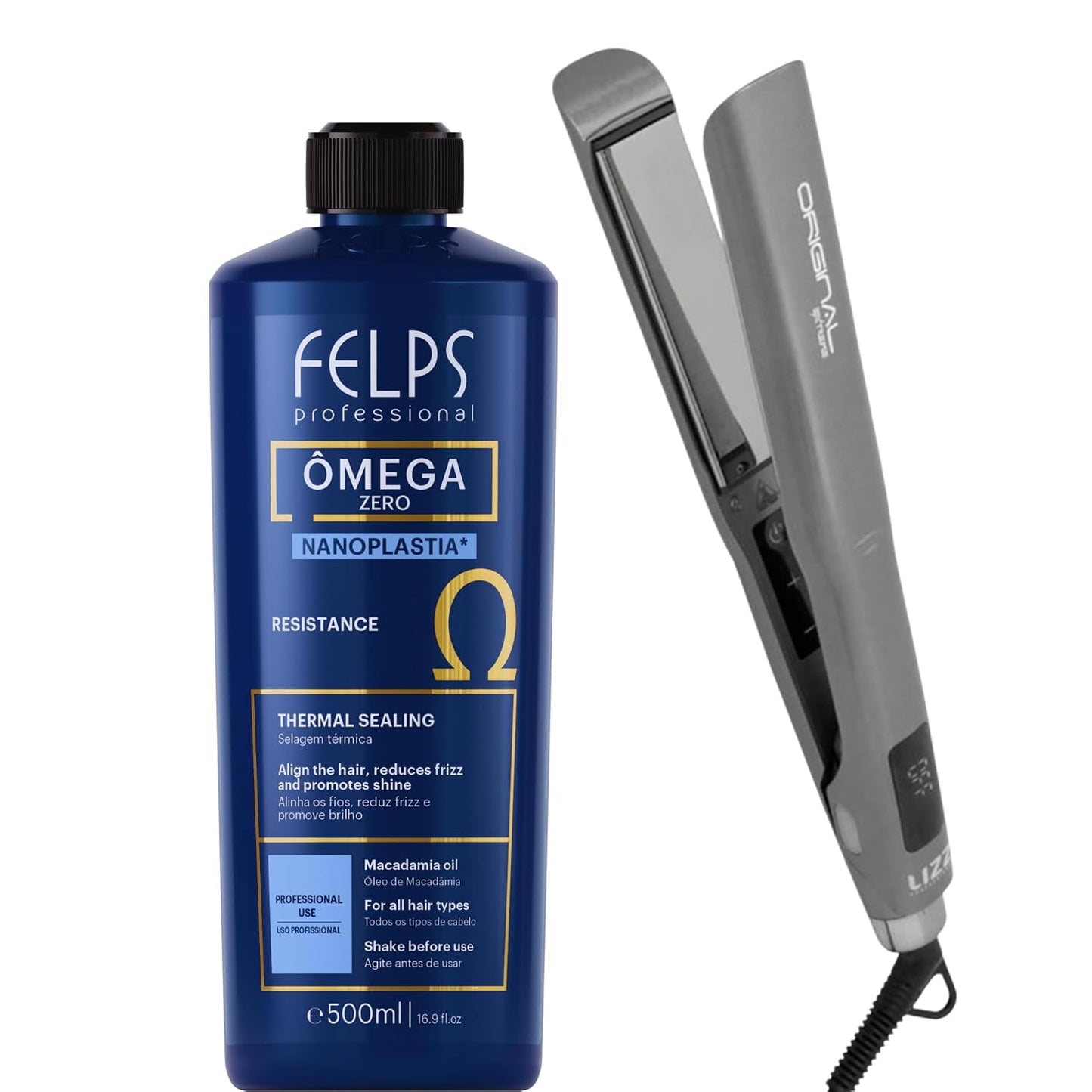 Professional Omega Zero Nanoplastia Thermal Sealing Kit - 16.9 fl oz with Extreme Titanium Flat Iron | 500°F LCD Display