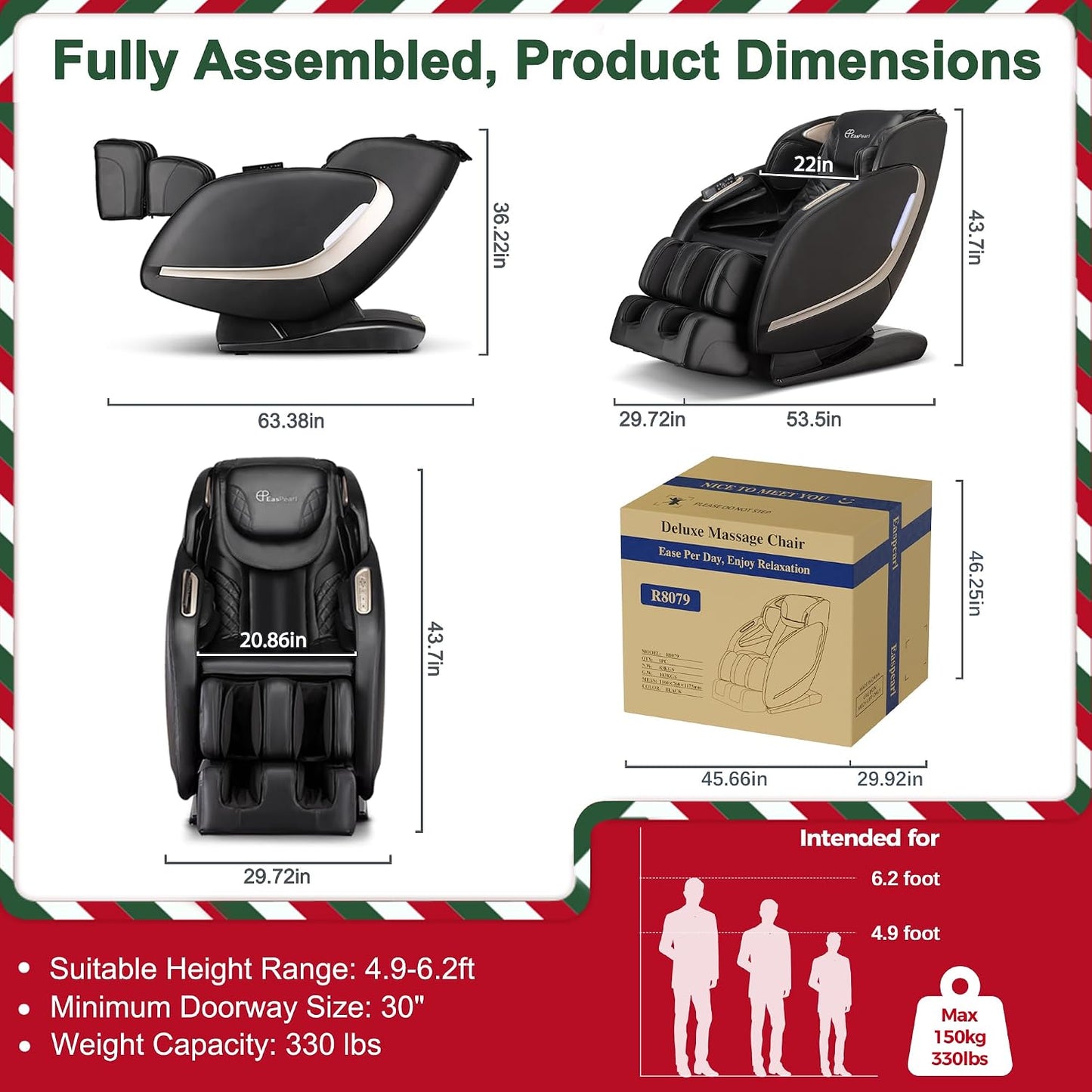 EASPEARL Full Body Massage Chair - SL-Track, 165° Zero Gravity, Heat & APP Control | Black