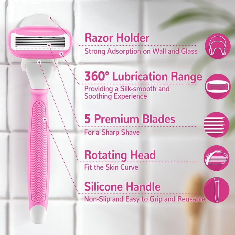 Razors for Women Include 2 Non-Slip Handles and 14 Blade Refills with a Shower Holder, 5 Premium Blades Women's Razors for Shaving with 360° Lubrication Reduces Irritation, Purple