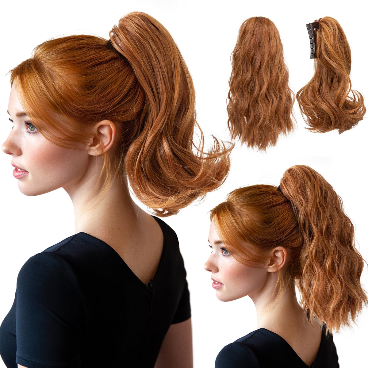 Ponytail Extensions - Wavy Curly Claw Clip Hairpieces for Women | 12" & 14" Beige Multi Set