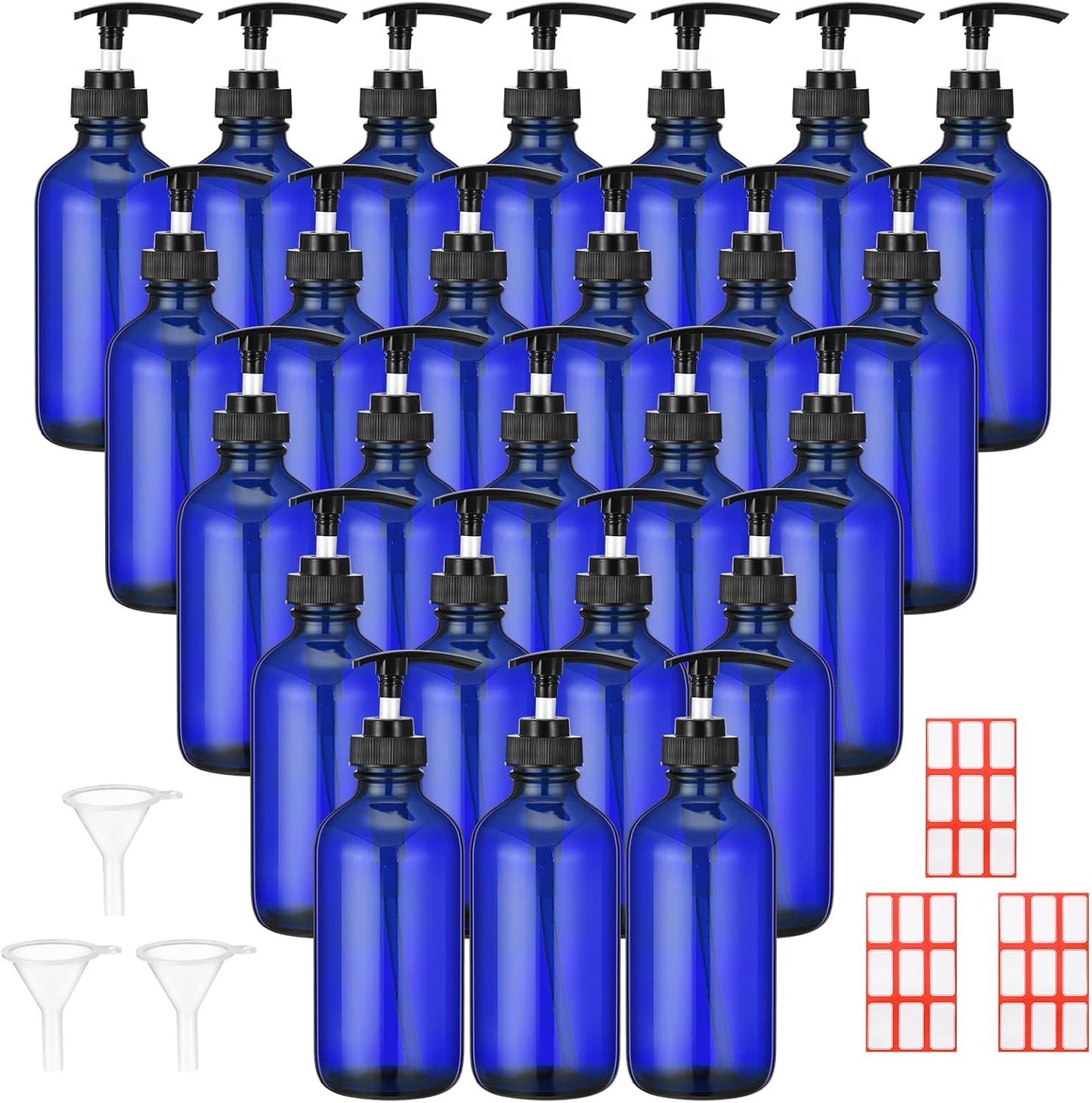 Glass Pump Bottle Set - 24 Pcs 8 oz Refillable Soap Dispenser with Labels & Funnels | Amber