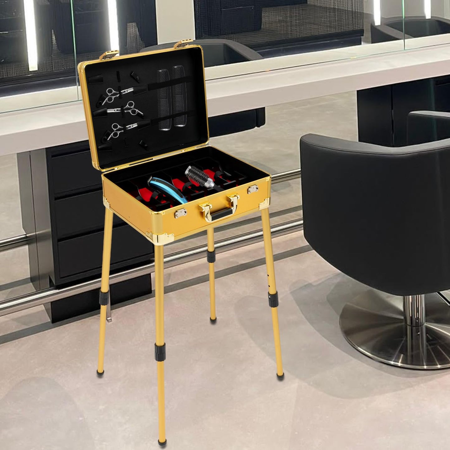 XUFOPLY Mobile Barber Station, Professional Barber Toolbox Floorstanding Barber Carrying Case with 18.11-31.5in Adjustable Height Legs & TSA Lock for Barbershop, Hair Salon (Gold)