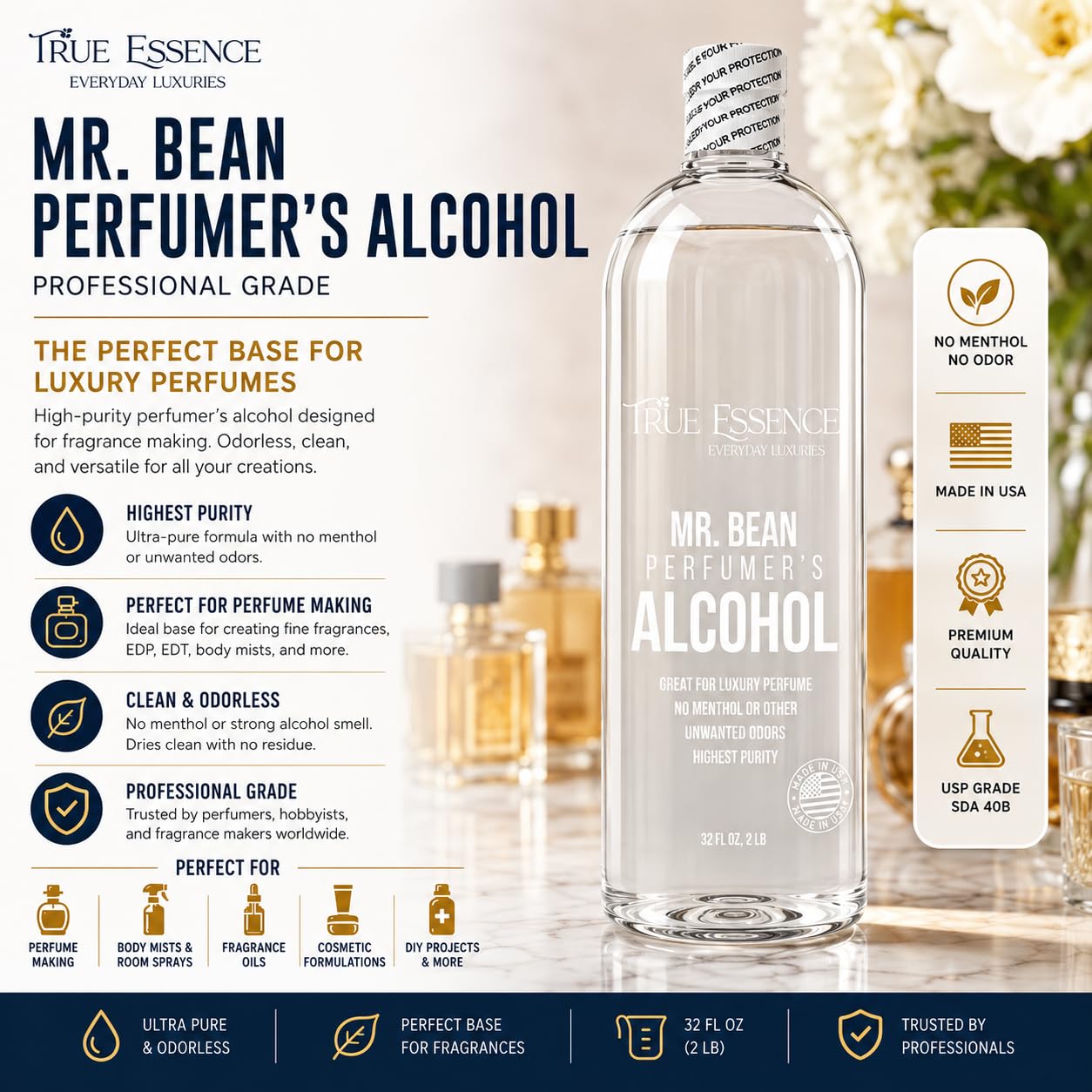 True Essence Professional Perfumer's Alcohol for Fragrance Making. Base for making luxury perfume No Menthol or other unwanted bad odor, 2 lb,32 FL OZ.
