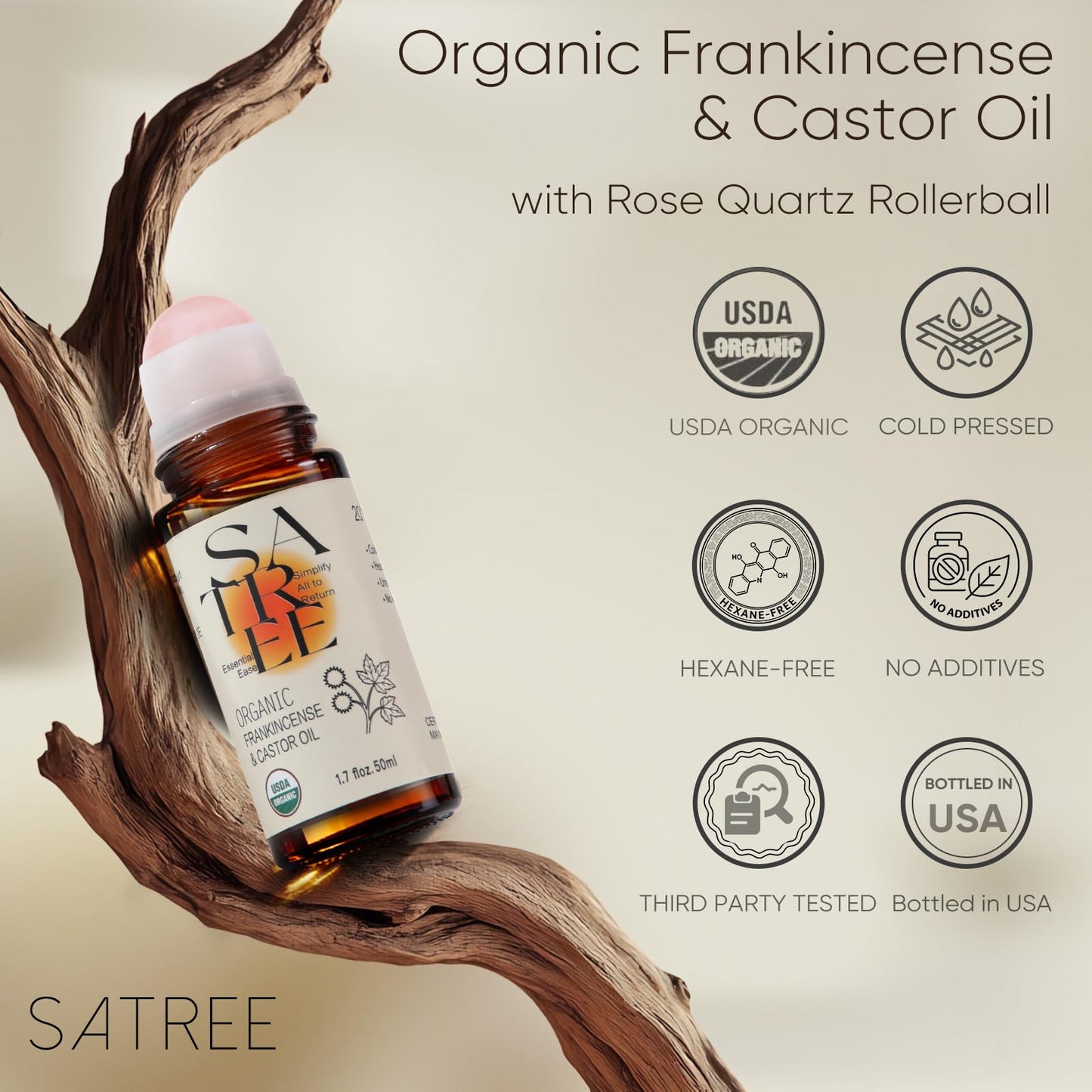 Satree Organic Castor & Frankincense Oil with Rose Quartz Rollerball - USDA Certified Essential Blend Oil Roll-On, for Face & Body, Anti-aging, Dark Circles (1.7fl oz)