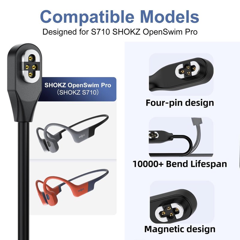 gudxfj 2-Pack Compatible with Shokz OpenSwim Pro S710 Bone Sound Conducting Earphone Charging Cable Type-C to 4Pin Magnetic Charging Cable USB and USB C to Shokz S710 Cable 1 Each Black 3.3 ft
