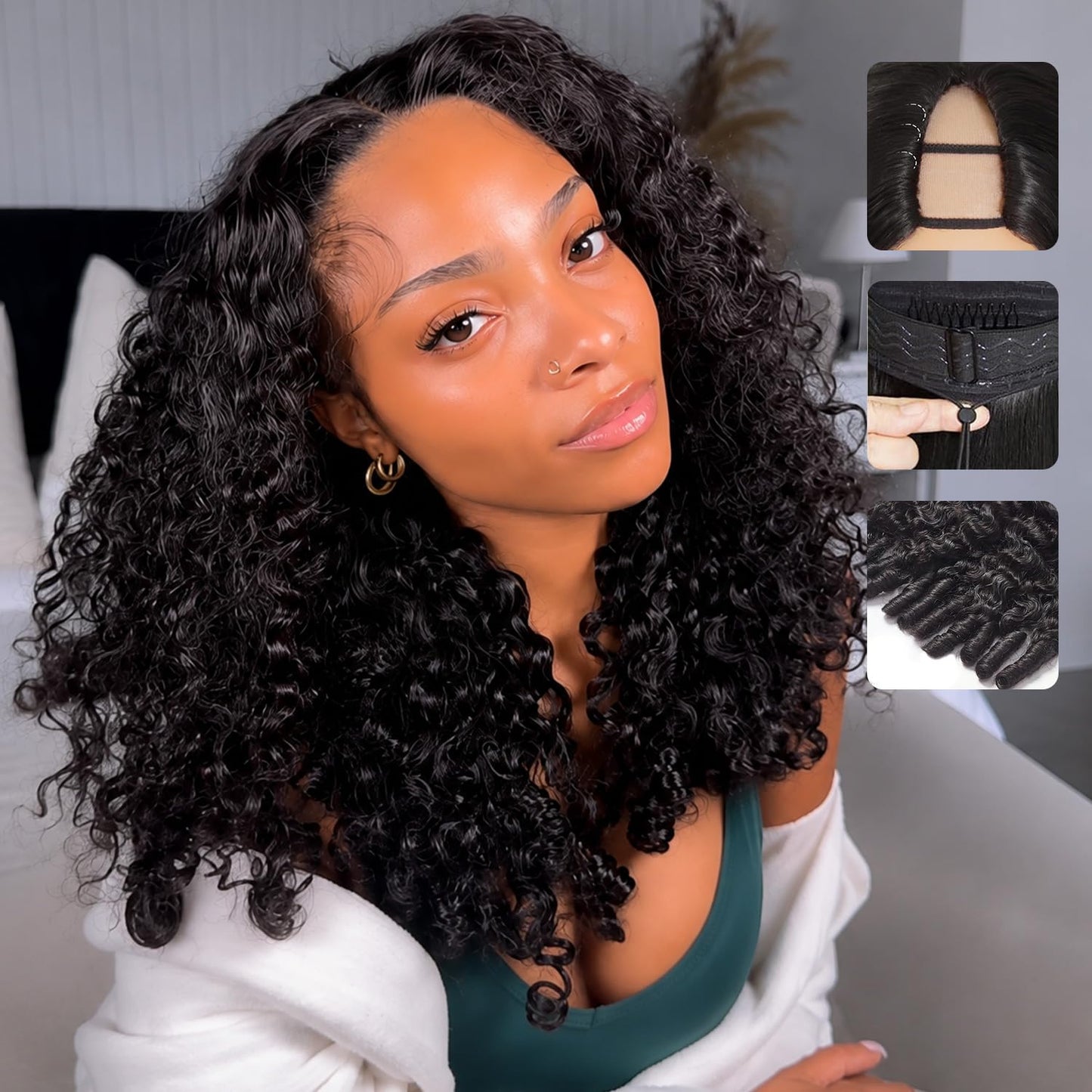 Burmese Curly V Part Half Wig - 220% Density, 16 Inch, 100% Human Hair | Easy Wear & Go Style