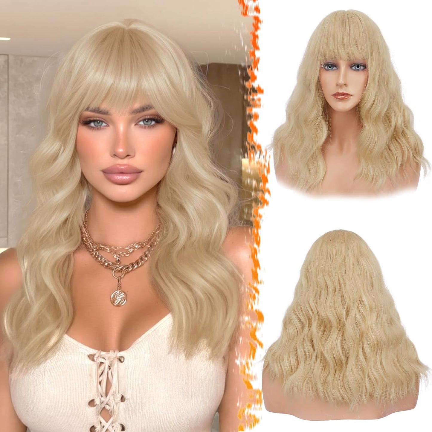 Long Wavy Blonde Curtain Bangs Wig - 26" Synthetic Ombre Wig with Dark Roots | Soft Natural Look