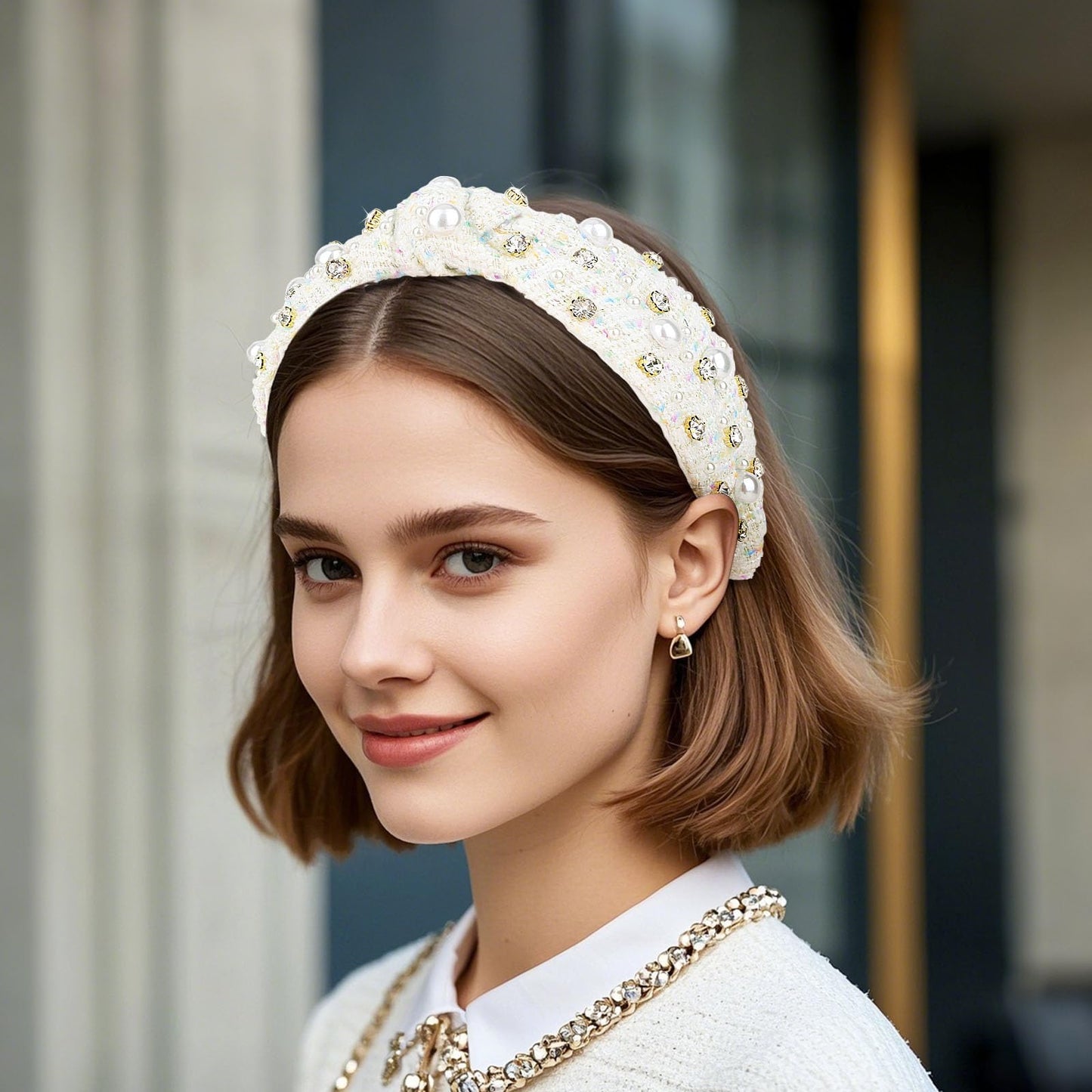 CURASA Knotted Headband For Women Girls White Pearl Rhinestone Checkered Head Band Non Slip Elegant Wide Hairband Top Knot Trendy Bride Headpiece Crystal Beaded Jeweled Embellished Hair Accessories