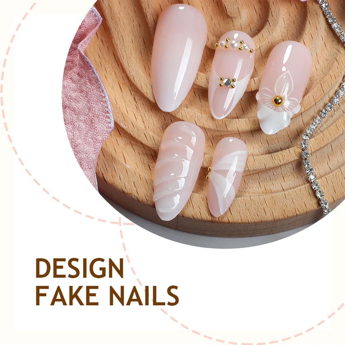 French Tip Press-On Nails - 24 Pcs Medium Almond with 3D Flower & Gold Rhinestones | Full Cover Nude Artificial Nails