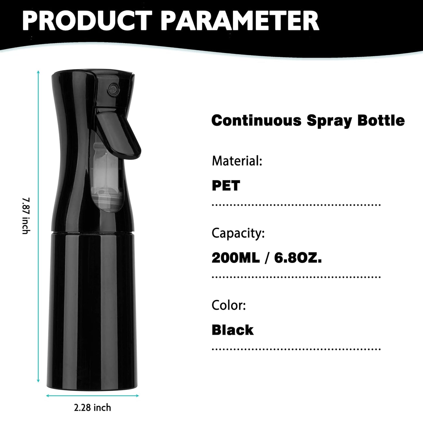 Continuous Ultra Fine Mist Spray Bottle for Hair | 6.8oz Black | Ideal for Salons, Skin Care, and Cleaning