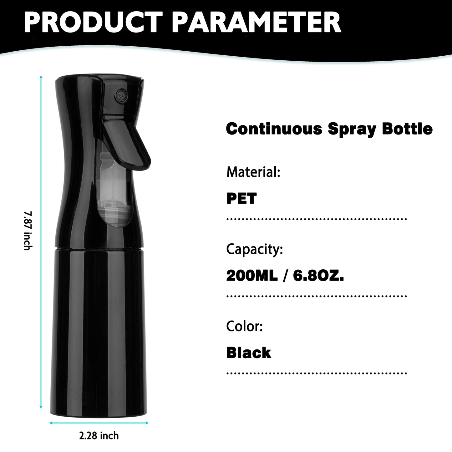 Zuhose Spray Bottle for Hair (6.8OZ /200ML) Continuous Ultra Fine Mist Sprayer for Hair, Salons, Barber, Plants, Skin Care, Cleaning 2 Pack Black
