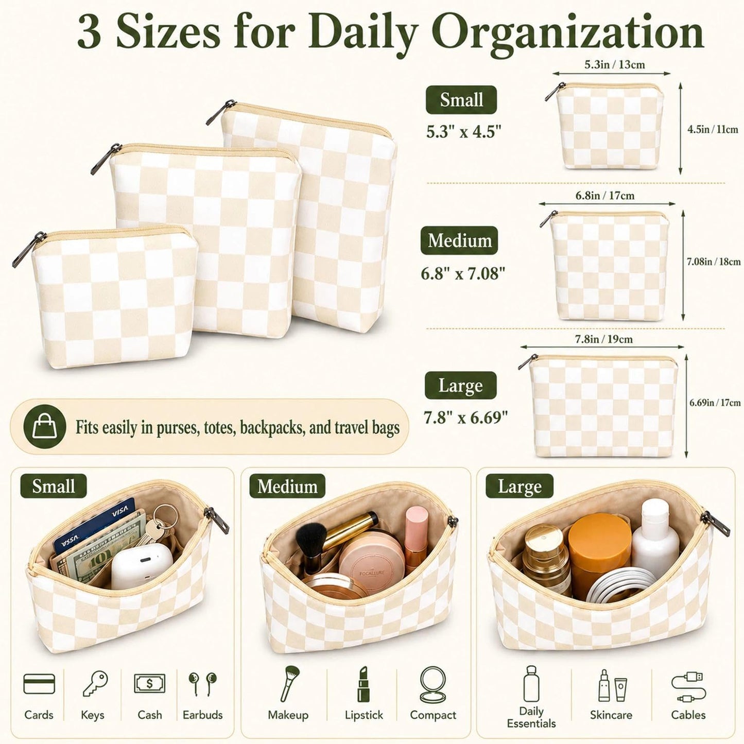 BBORGDC Small Cosmetic Bag Set of 3 for Purse, Cute Cotton Floral Makeup Bags, Small Makeup Bag Organizer, Cosmetic Pouch Set for Travel & Daily Use