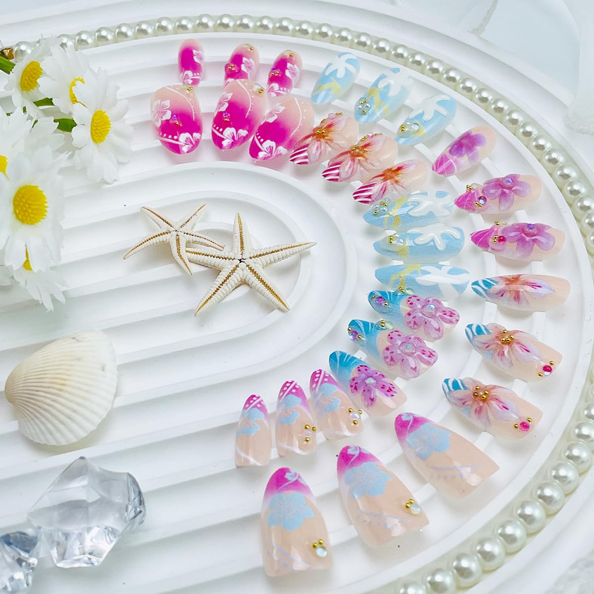 Press On Nails - 30Pcs Medium Almond French Tip with Cute Flower & 3D Pearl Designs | Reusable Pink Blue Acrylic