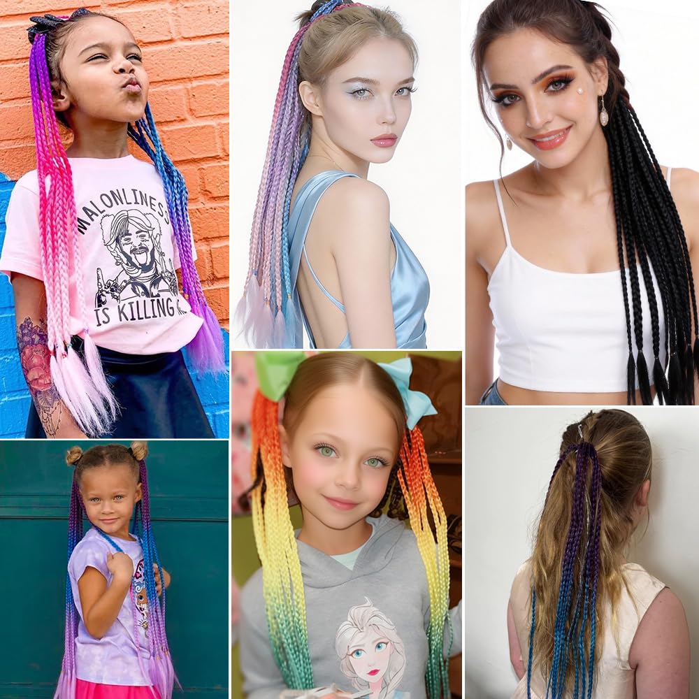 CISINPO 2PCS Rainbow Hair Extensions Braided Ponytail Gradient 24 Inch