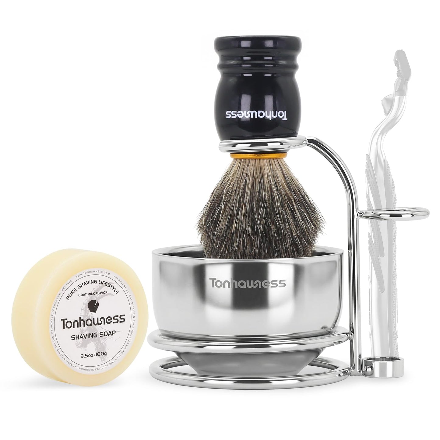 Badger Hair Shaving Brush With Wood Handle, Goat Milk Shaving Soap, Dual-ring Base Stainless Steel Shaving Stand Holder and 3 Layers Shaving Bowl for Men's Wet Shaving (Black With Badger Hair)