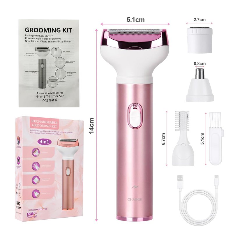 Wet & Dry Electric Razor for Women Body Razors 4-in-1 Facial Hair Remover Electric Shaver and Facial Hair Remover Painless Ladies Body Razors for Nose Face Body Leg Bikini Arm Hair