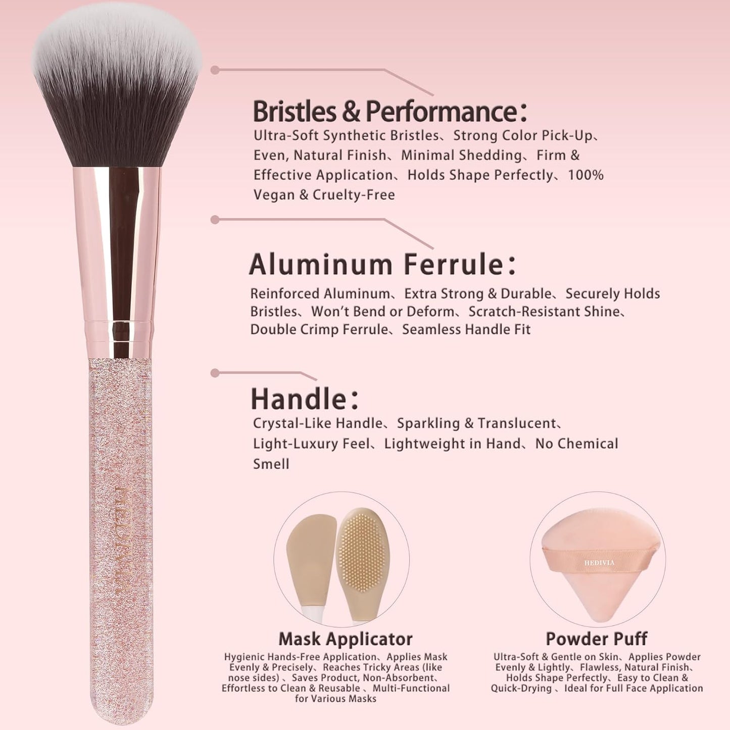 Professional Pink Makeup Brushes Set - 14 Pcs Synthetic Foundation, Concealer & Eyeshadow Brushes | Includes 2 Powder Puffs & Dual-Ended Mask Applicator