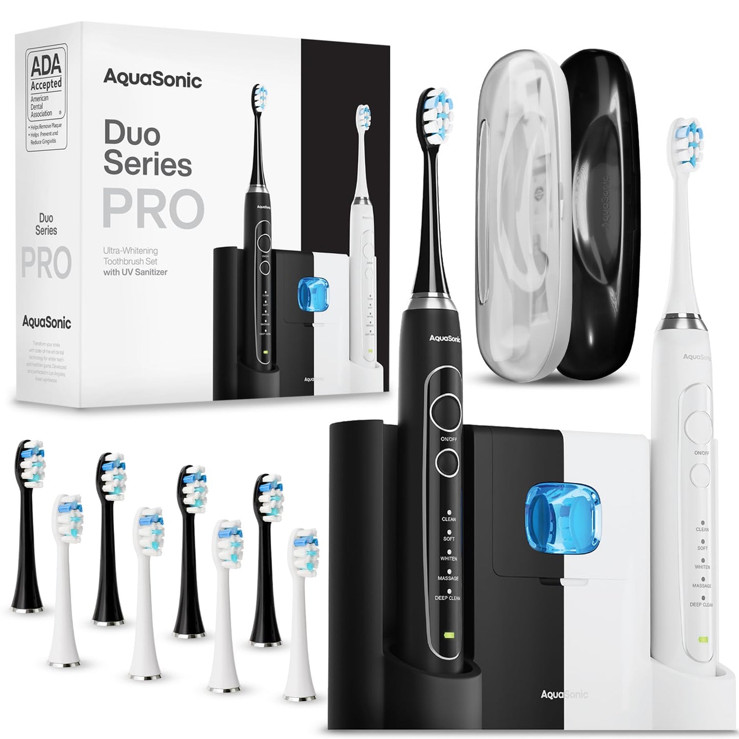 Aquasonic Duo Series PRO UV - ADA Accepted Electric Toothbrushes with UV Sanitizer - Inductive Charging Base - 5 Modes with Smart Timers - 10 Proflex Brush Heads & 2 Travel Cases