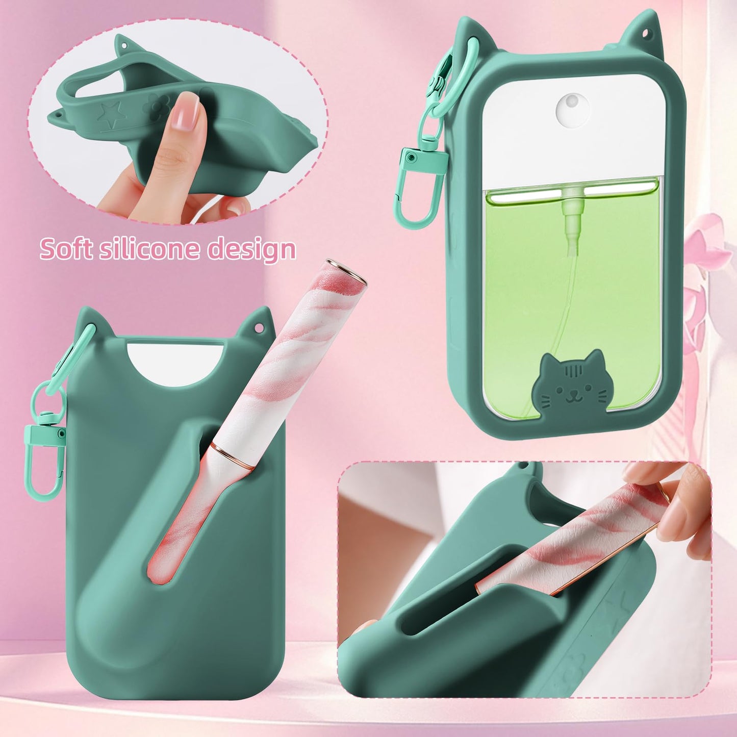 QIOFEARTH Silicone Case Compatible with Touchland Hand Sanitizer Spray Mist 1 oz with Lip Holder Flower keychain (Pine Green)
