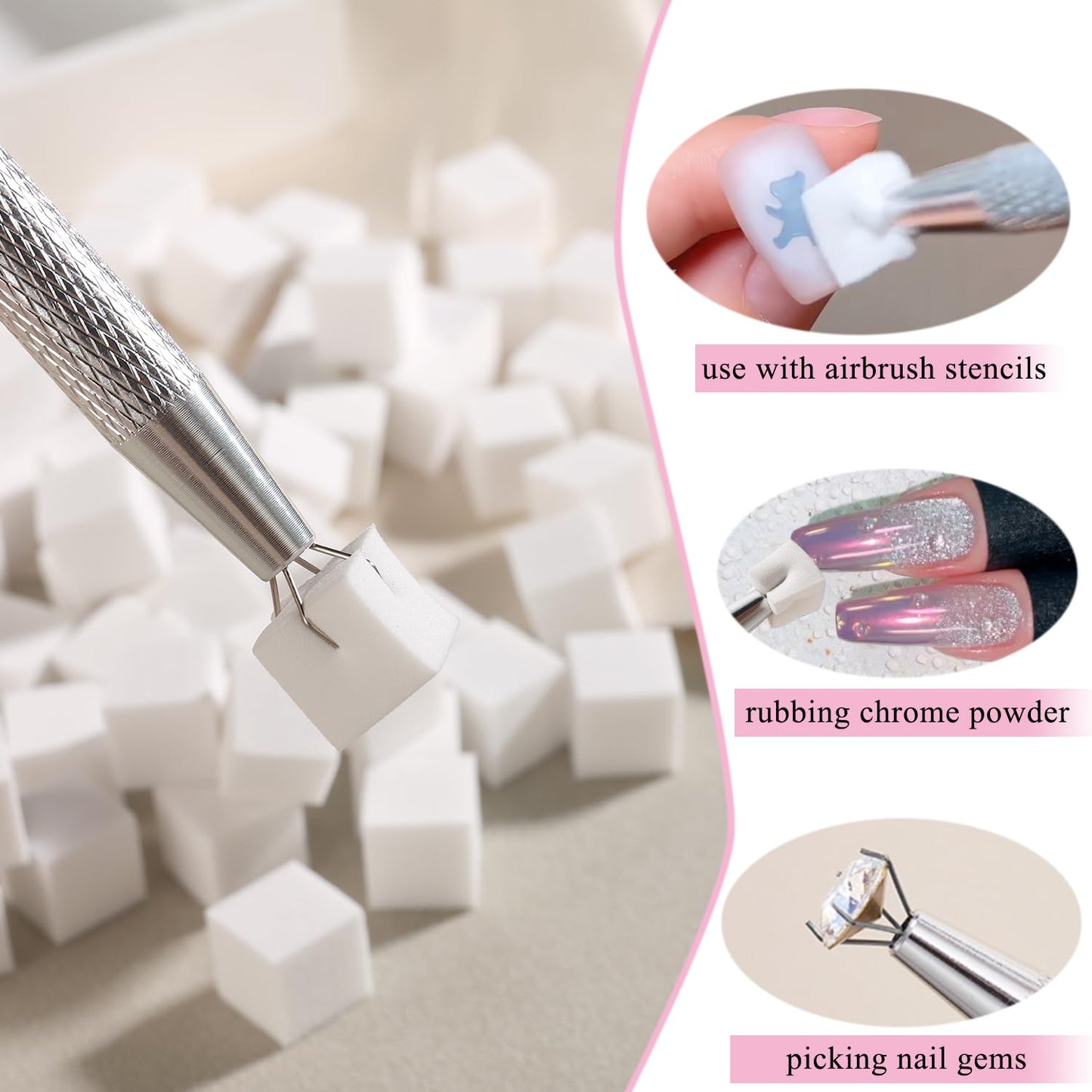 Soft Nail Sponges for Ombre & Gradient Effects - 100 Pcs White Nail Art Sponges with 6 Wedge Sponges & Grabbing Pen
