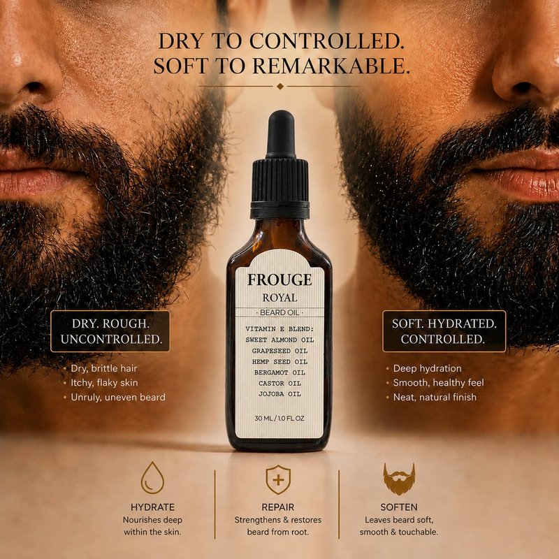 Frouge Beard Oil for Men Growth – Luxury Scented Beard Growth Oil with Argan Oil, Jojoba & Almond Oils – Lightweight Non-Greasy Beard Oil, Softens & Strengthens Beard – 30ml