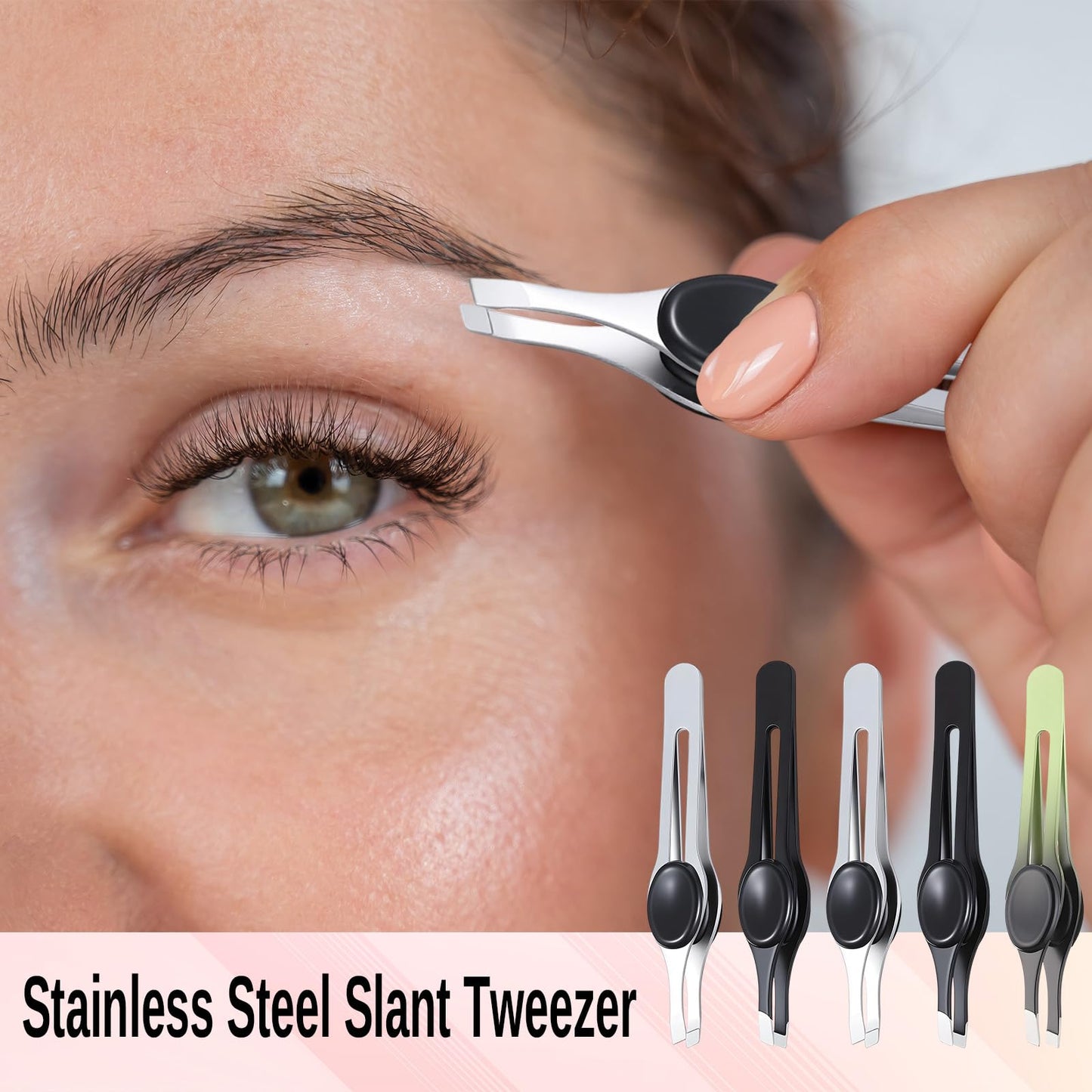 5Pcs Eyebrow Tweezer with Grips Tweezers for Women Facial Hair Ingrown Slant Tip Non Slip Stainless Steel Hair Tweezer with Non-Slip Grip, Black, Silver, Green