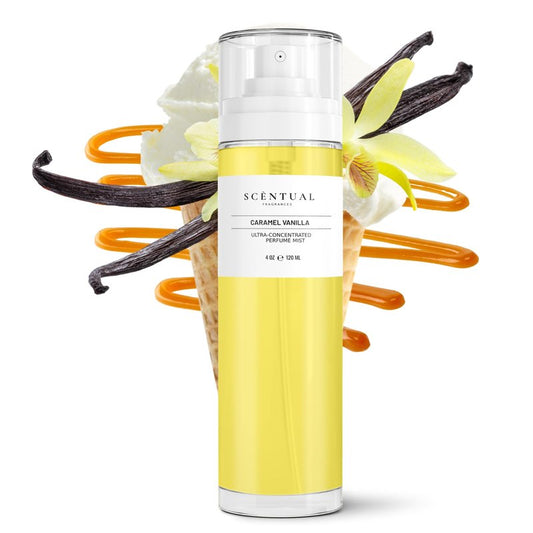 Scentual Fragrances, Ultra-Concentrated Hair & Body Perfume Mist, Long Lasting Women's Fragrance, Gourmand Perfumes for Women, Vegan and Cruelty Free (Caramel Vanilla)