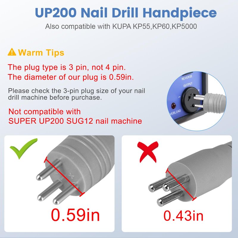 UP200 Nail Drill Handpiece, Compatible with KUPA KP55, KP60, KP5000, UP200 Nail Drill Parts, 35000RPM Electric Nail File Handle Replacement 3 Pins, Low Noise, Powerful and Smooth (Only Handpiece)