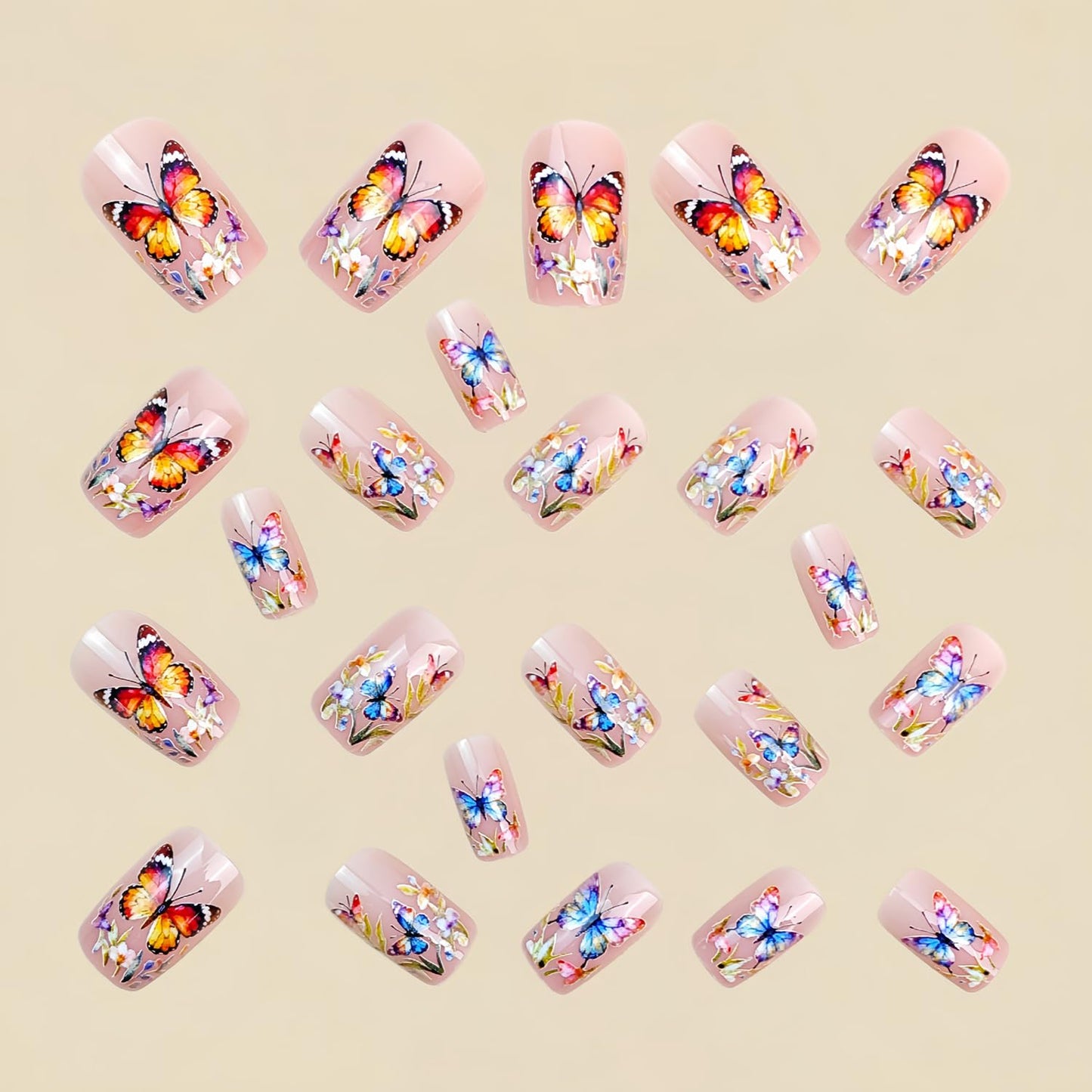 LWTZLW Butterfly Press on Nails Medium Square False Nails Colorful Flower Butterfly Design Full Cover Glue on Nail Summer Floral Reusable Acrylic Fake Nails Glossy Artificial Stick on Nail for Women