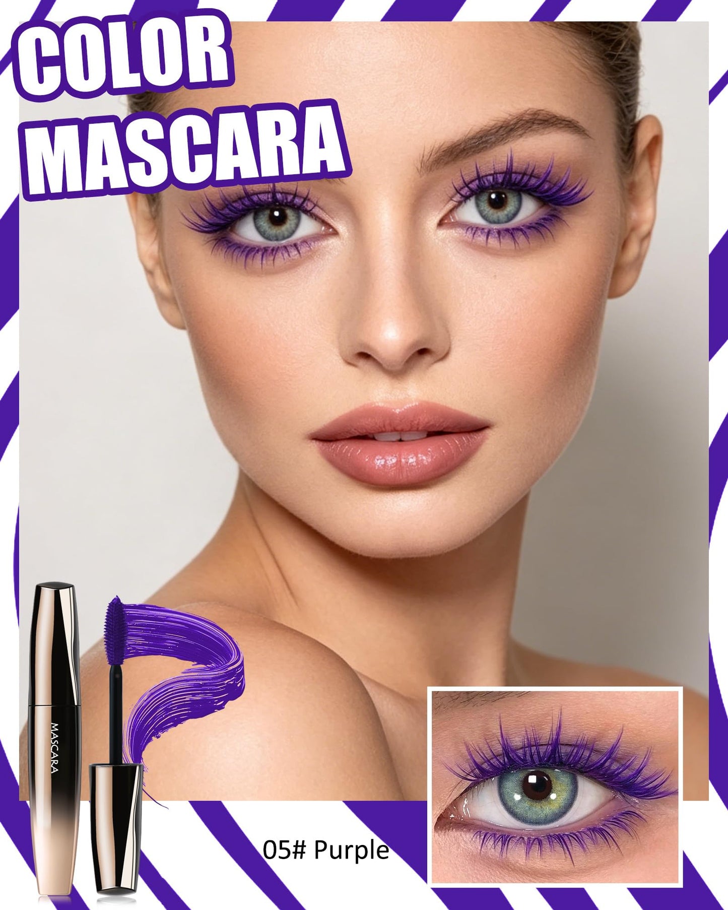 Purple Waterproof Mascara, 5D Silk Fiber, Tubing Mascara Volume and Length