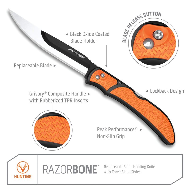 OUTDOOR EDGE RazorBone Replaceable Blade Folding Hunting Knife with Clip & Sheath, 3 Butcher Knife Blade Styles - Boning, Gutting, & Skinning Knives. Blaze Orange, Camo Sheath, 6 Blades & Blade Box
