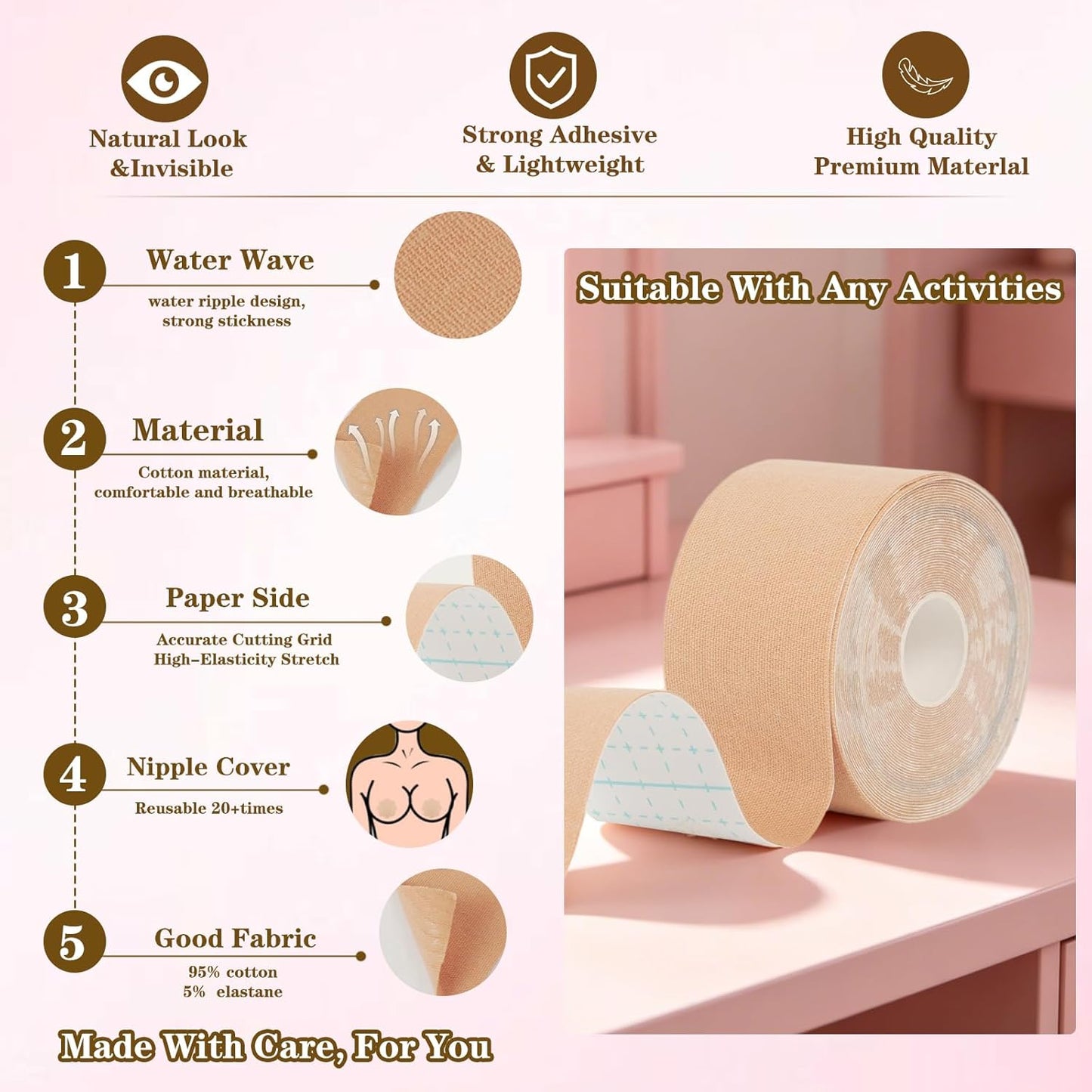 Breast Lift Boob Tape Kit for Large Breasts | Invisible Support for A-G Cup - Waterproof, Sweatproof - Beige, 2in x 26.3ft