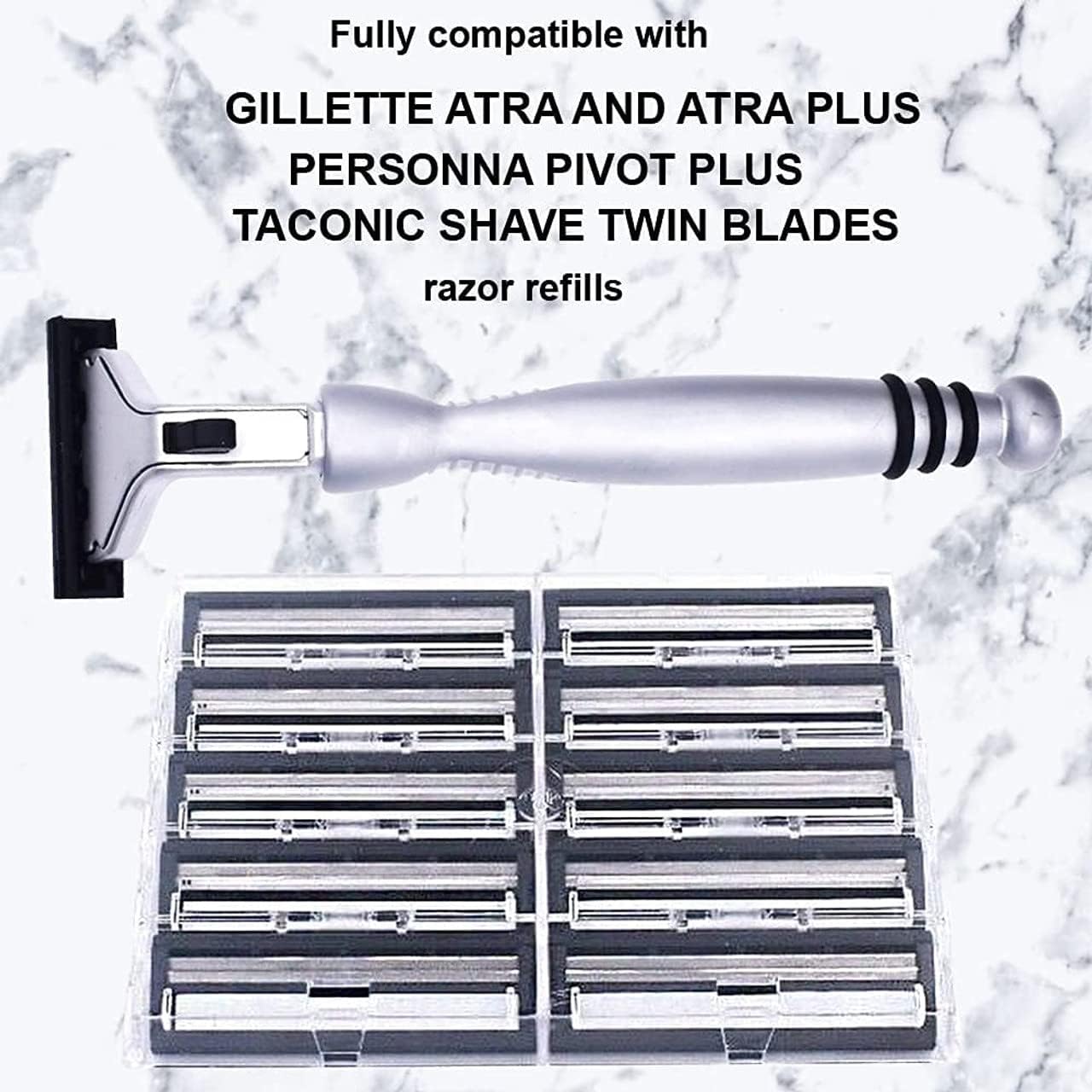 Taconic All-Metal Chrome Razor - Ergonomic Twin Blade Handle with 10 Pivot Plus Personna Blades | Durable Design