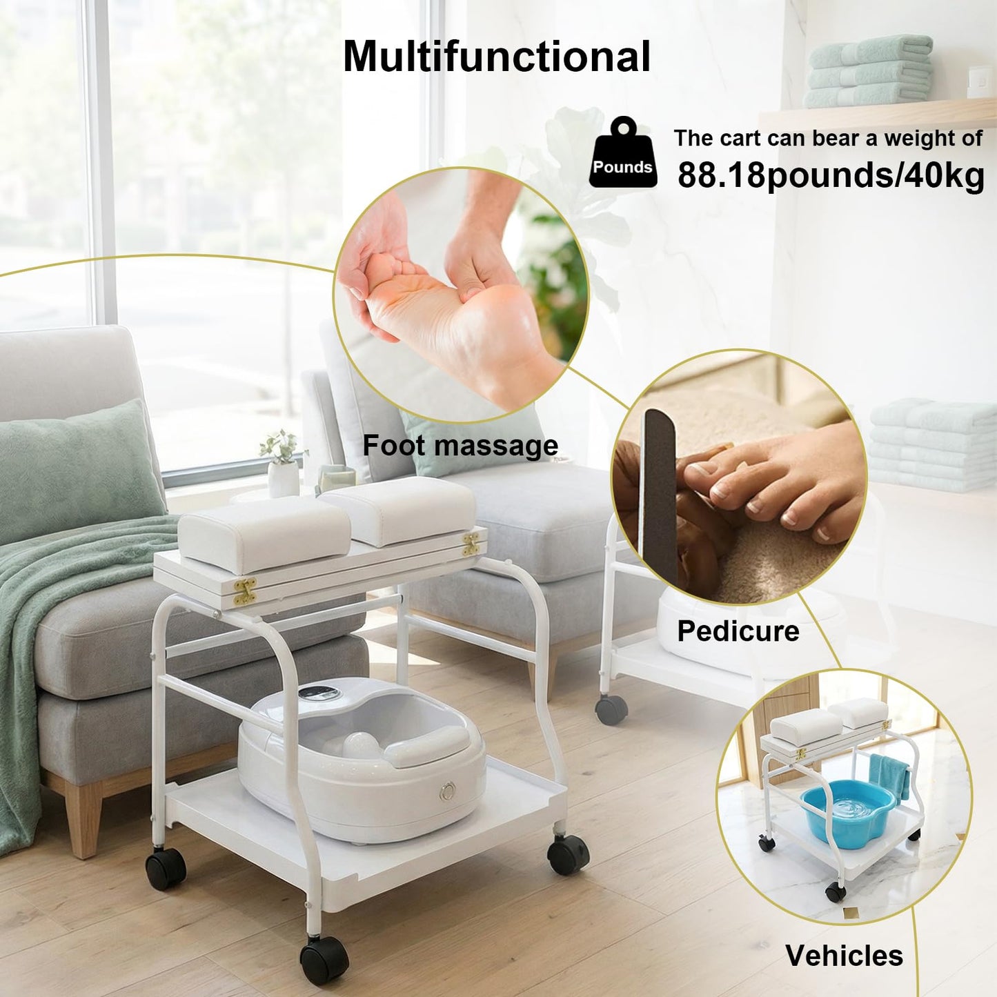 Beauty Salon Nail Or Foot Bath Spa Portable Esthetician Trolley Cart for Foot Rest Pedicure Manicure Funiture Massage Table Salon Supplies 2 Way Use 3 Color Option Elitzia (White)