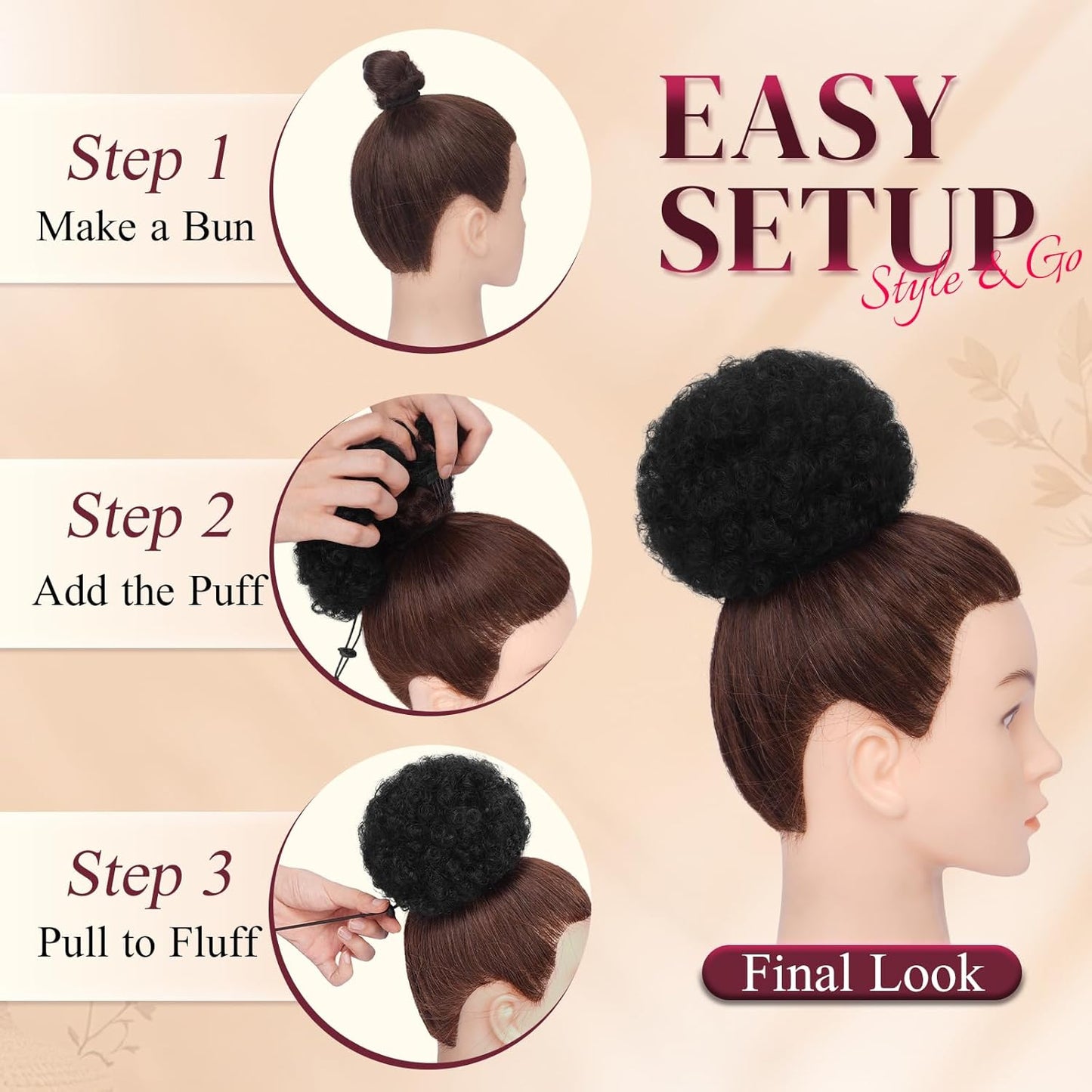 Human Hair Afro Puff Drawstring Ponytail - Kinky Curly Short Extensions for Black Women | Medium Size - 1B Natural Black