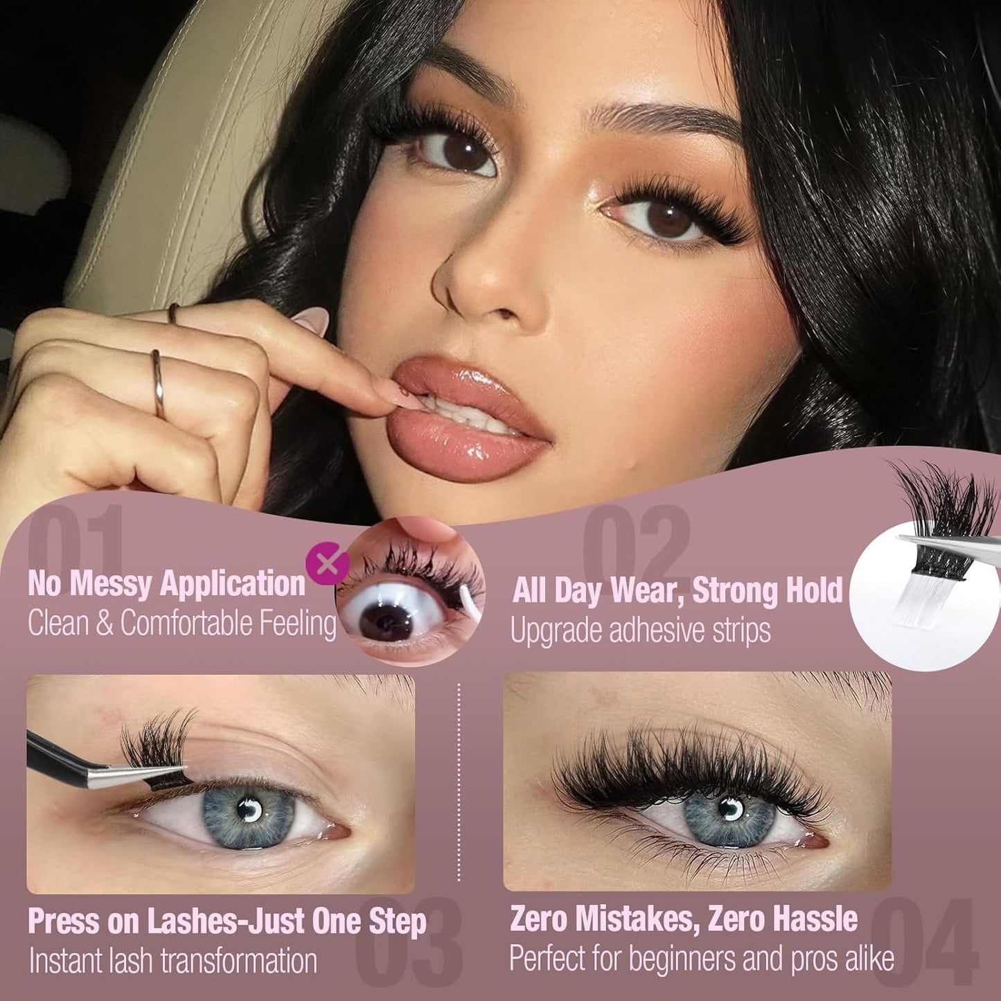 Self-Adhesive Lash Clusters - Fluffy Wispy Eyelash Extensions | No Glue Needed, 8-14mm D Curl Faux Mink Individual Lashes