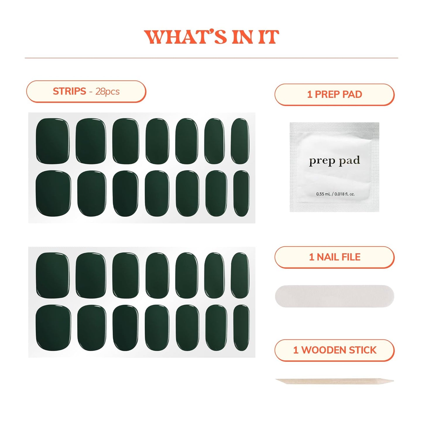 Semi Cured Gel Nail Strips - Easy Apply & Remove, No LED Lamp Needed | Winter Solid Green, 28 Strips & Accessories