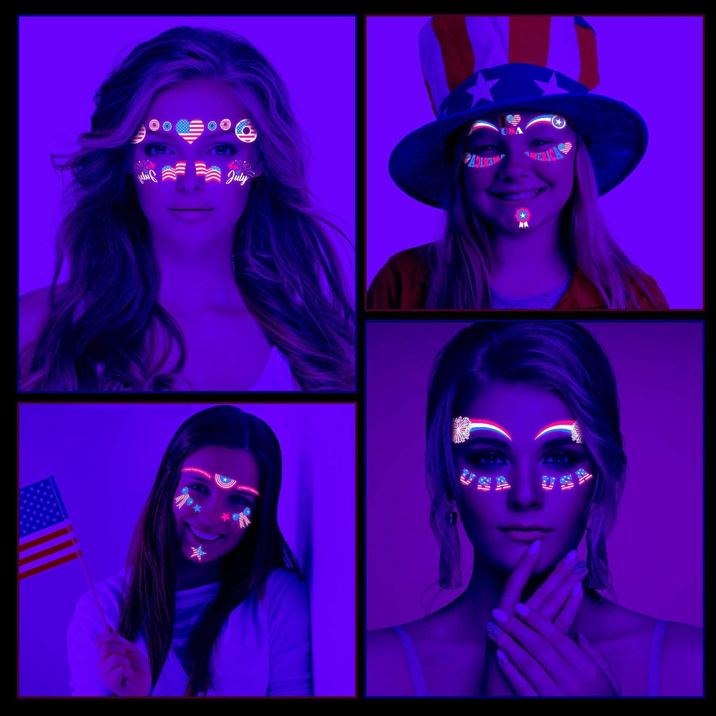 HOWAF 4th of July Temporary Tattoos-5 Sheets Glow Independence Day Face Tattoo 50+pcs Giltter USA Patriotic Tattoos Stickers, American Flag Red White Blue Tattoos Stickers for Face Body Decor
