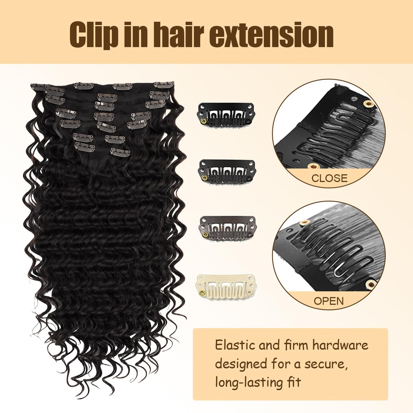 Deep Wave Clip ins Human Hair, 24 Inch 120g/7Pcs,Full Shine Black Human Hair,Natural Black Clip ins Brazilian Virgin Hair #1B Deep Wave Clip in Hair Extensions