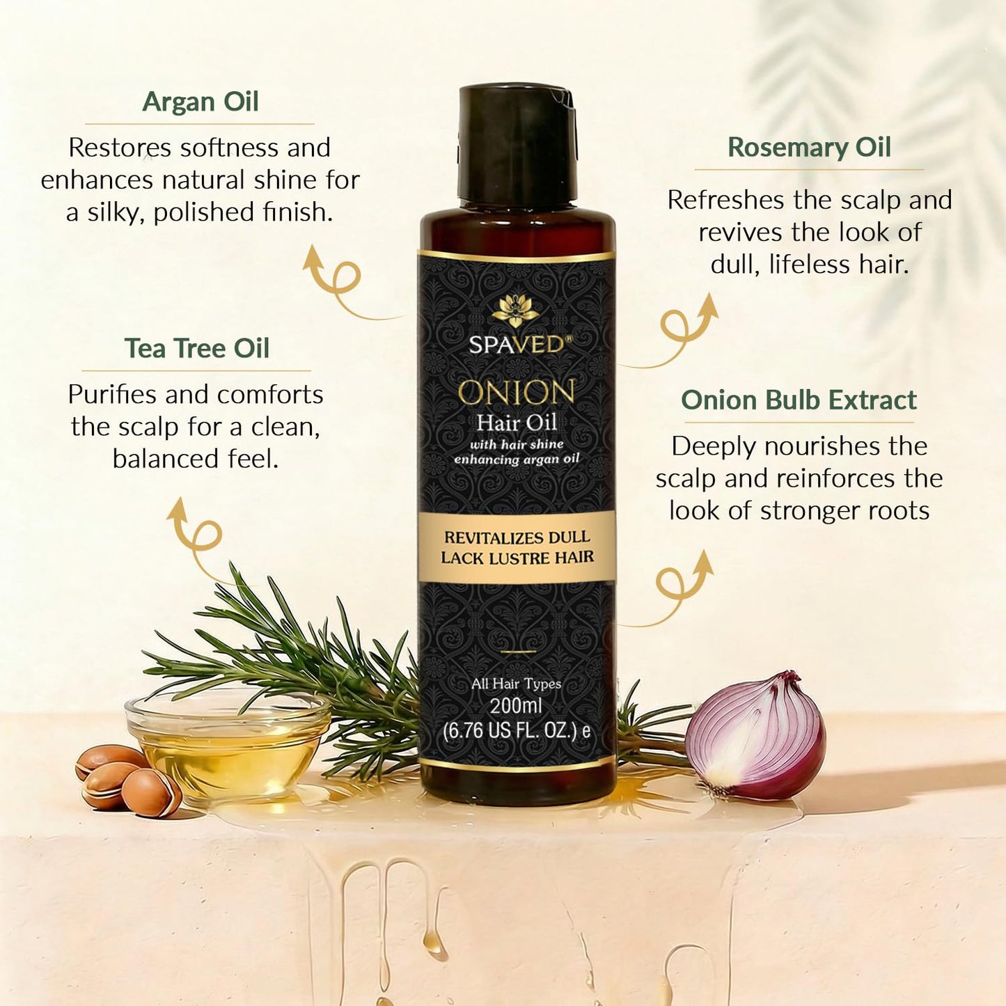 SPAVED Onion Hair Oil with Rosemary & Argan 6.76 oz - Supports Healthy Hair & Scalp -Helps with Dandruff & Itchy Scalp -Vitamin E & Jojoba Oil -Sulfate-Free, Paraben-Free
