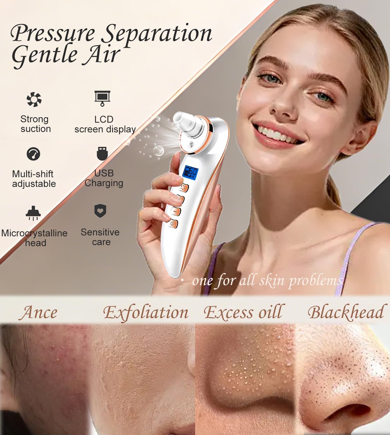 Blackhead Remover Vacuum - USB Rechargeable Pore Cleaner Tool with 5 Attachments & 3 Suction Levels | Gold Finish
