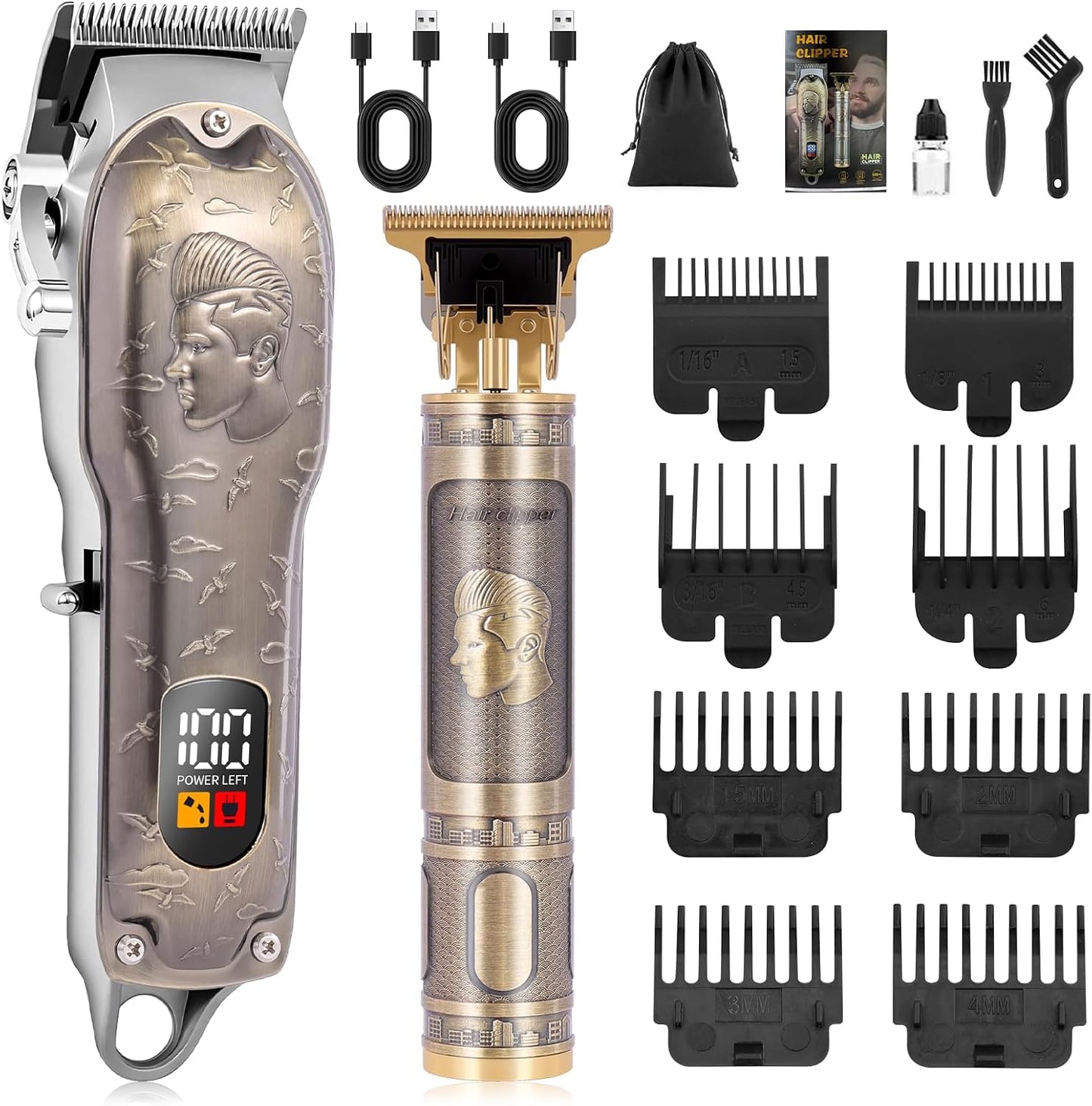 Professional Hair Clipper Set - Cordless T-Blade Beard Trimmer & Sideburn Trimmer | Antique Bronze