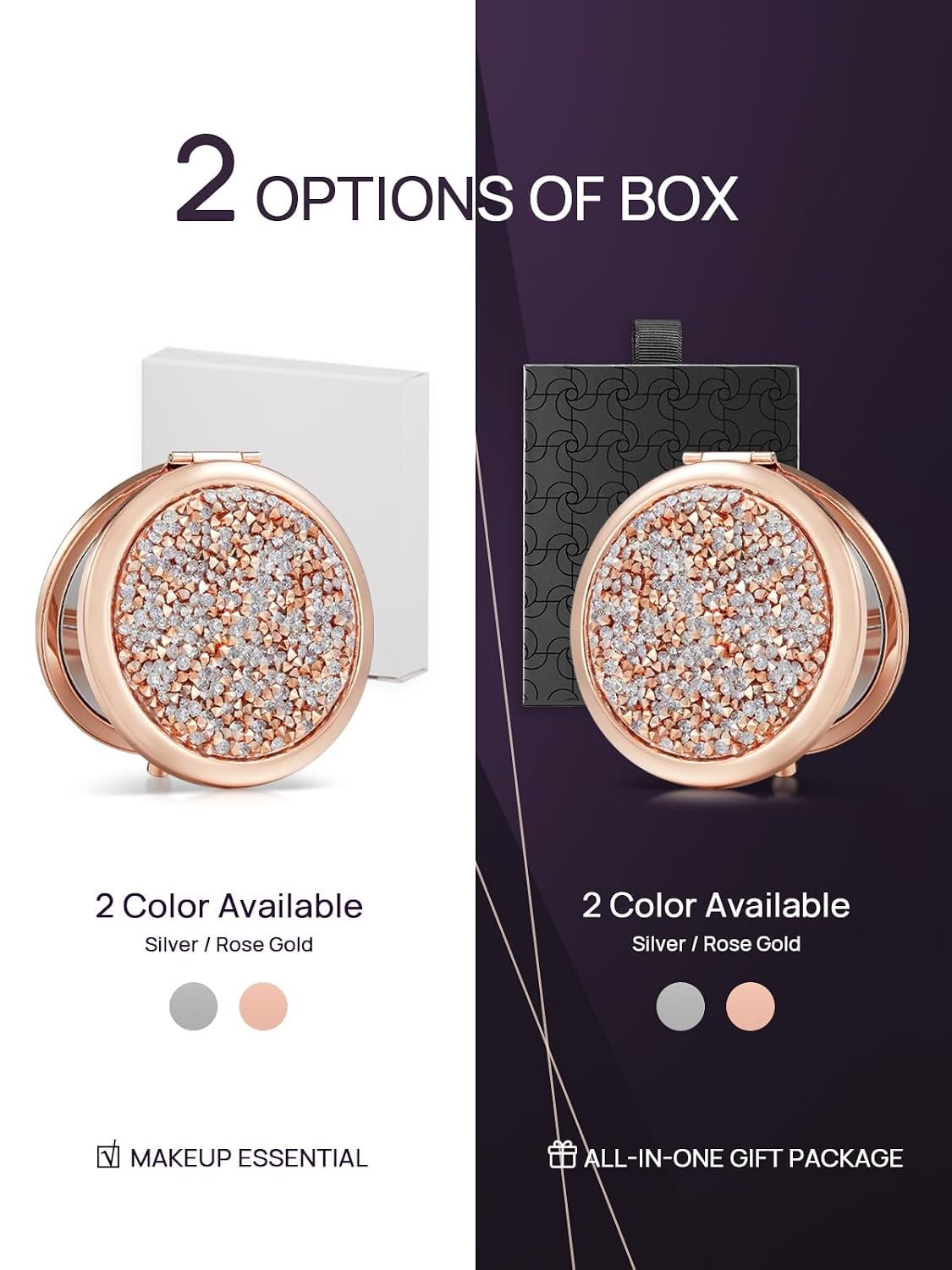 Omiro 1X/10X Magnifying Purse Mirror - Inspirational Gift for Women | Rose Gold, Diamond Accents