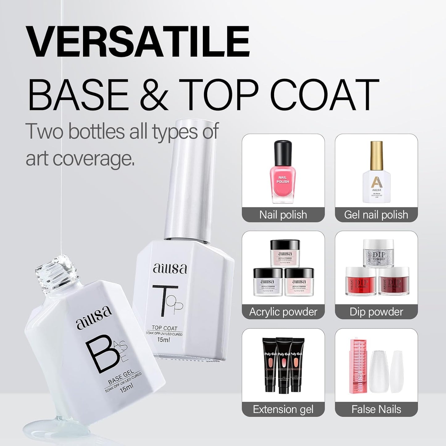 AILLSA Gel Nail Polish - Base & Top Coat for DIY Nail Art | Long-Lasting, High Gloss Shine, 0.51 Fl Oz